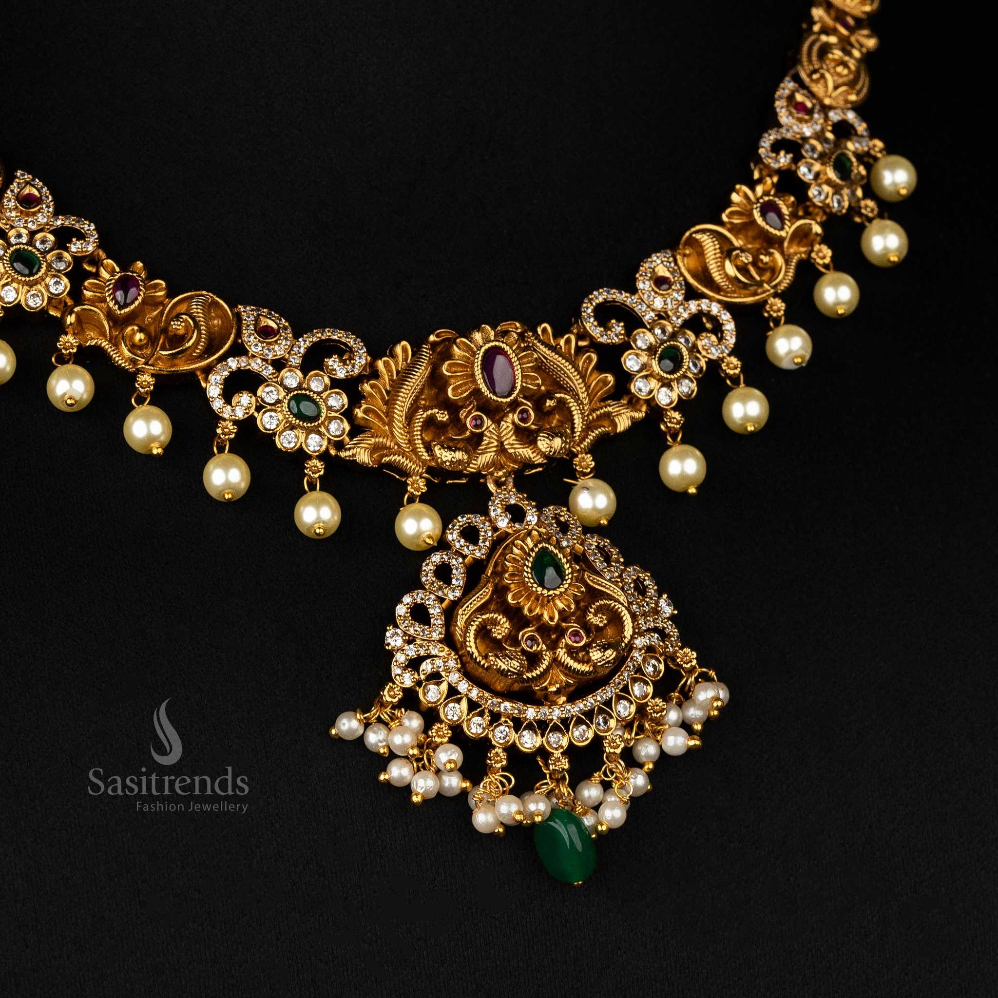 Gorgeous Premium Temple Matte Gold-Plated Central Intricate peacock  Necklace Jewellery Set Adorned With Cascading Pearls And Green Beads - Sasitrends - Image 8