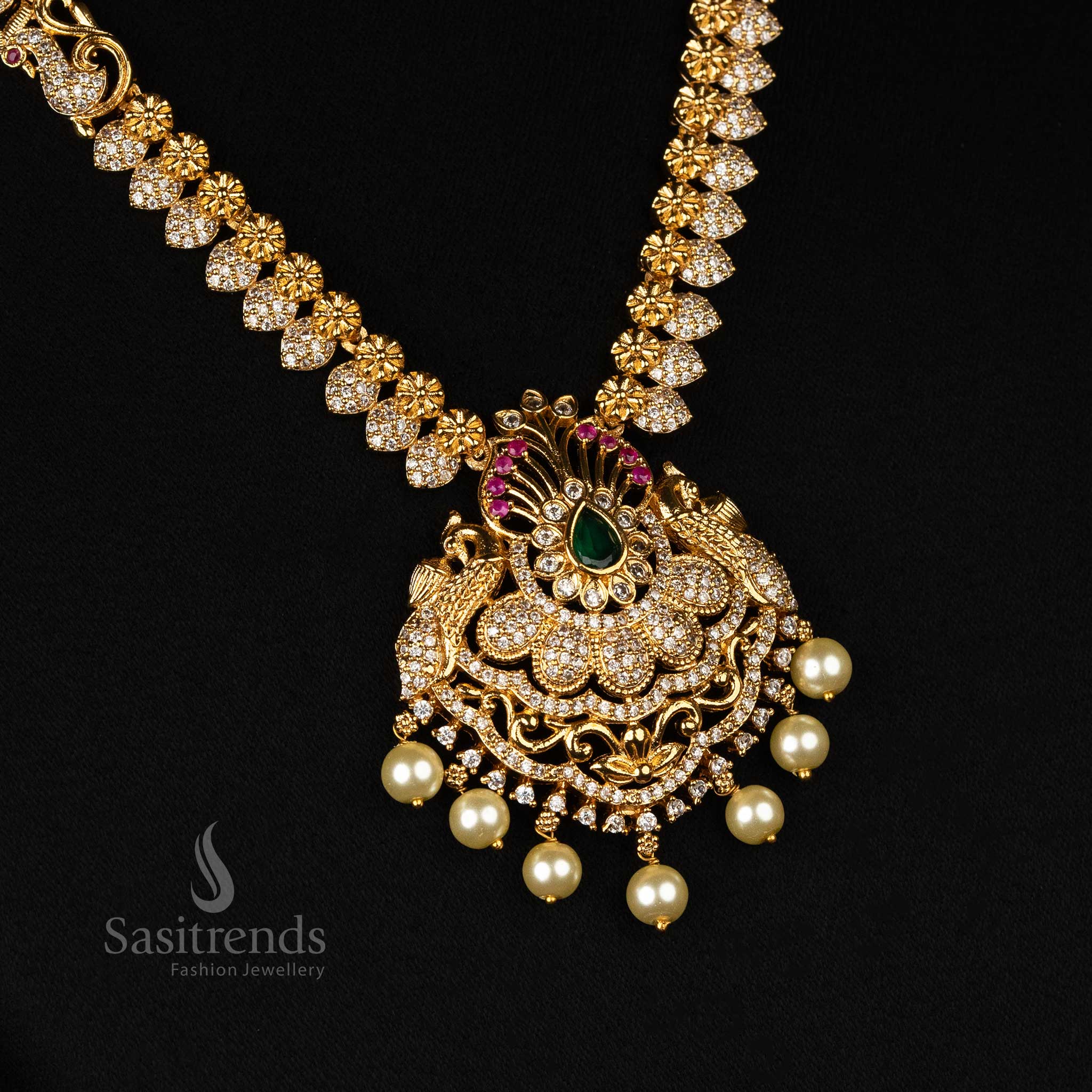 Premium Temple Matte Gold-Plated Bridal Necklace Jewellery Set with Central Peacock Motifs, Floral Design, AD, and Hanging Pearls - Sasitrends - Image 2