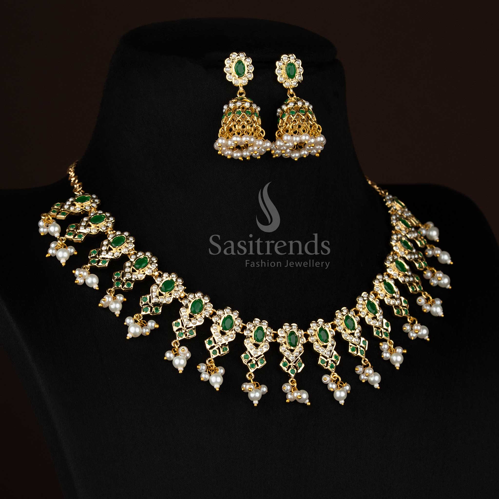 Beautiful Punjabi Jadau Gold Plated Oval Pearl Fringes Necklace Set for Wedding Functions & Festive Wear
