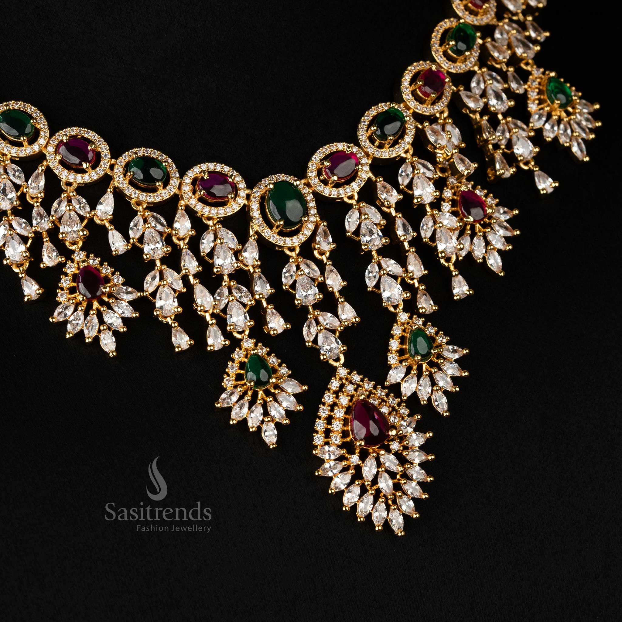 Gorgeous Rhodium Silver And Gold Plated Necklace Jewellery Set with American Diamonds for Wedding Dresses and Party Wear- Sasitrends - Image 2