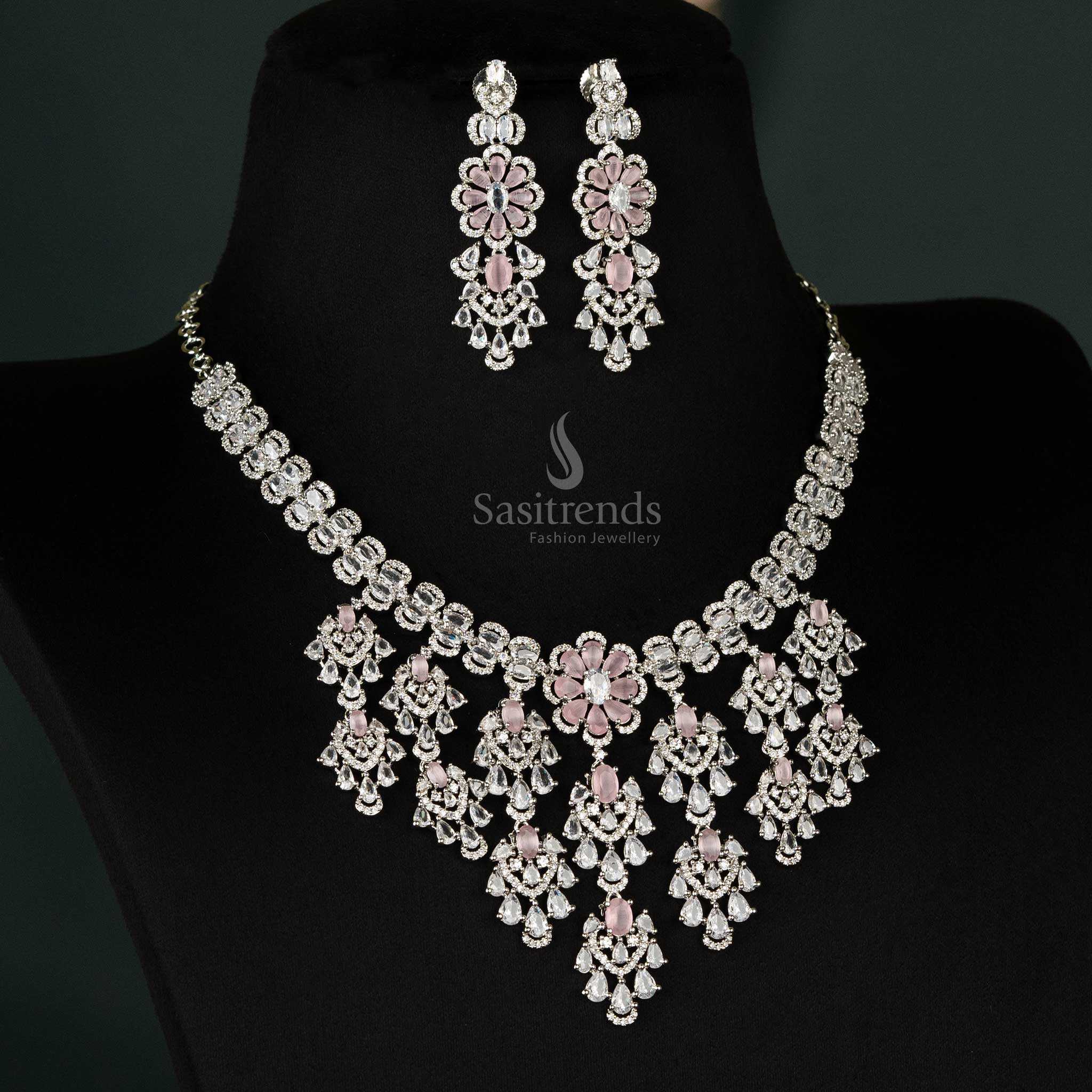 Stylish Look Rhodium Silver-Plated American Diamond Cascading Floral Bridal Choker Necklace Jewellery Set  For Bridal Wear - Sasitrends - Image 3
