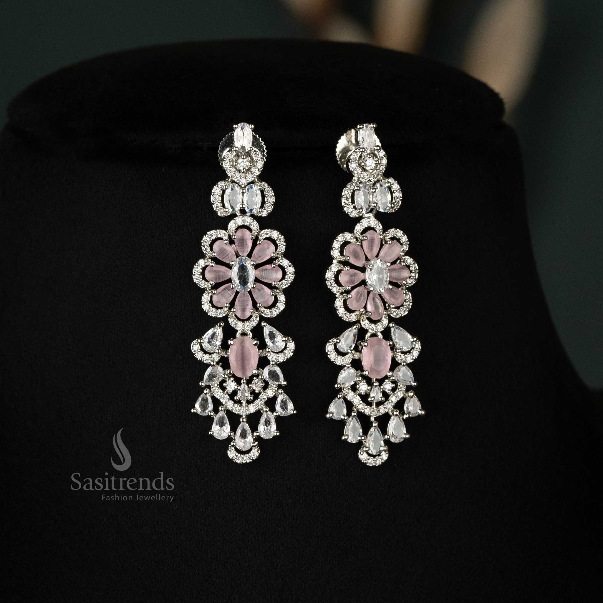 Stylish Look Rhodium Silver-Plated American Diamond Cascading Floral Bridal Choker Necklace Jewellery Set  For Bridal Wear - Sasitrends - Image 4