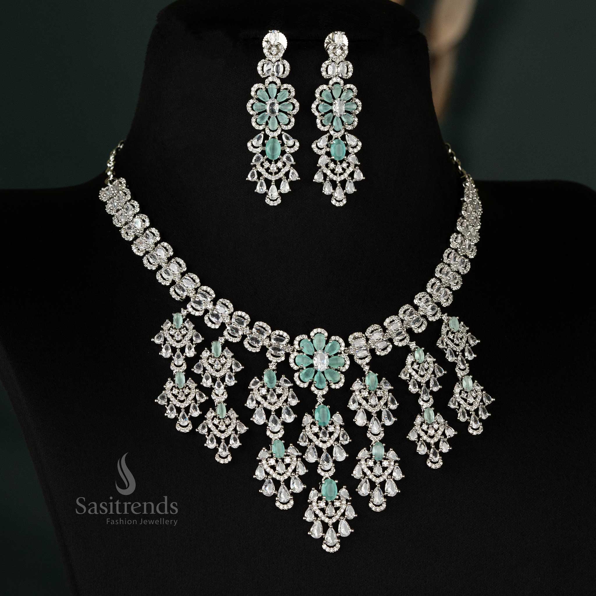 Stylish Look Rhodium Silver-Plated American Diamond Cascading Floral Bridal Choker Necklace Jewellery Set  For Bridal Wear - Sasitrends - Image 5