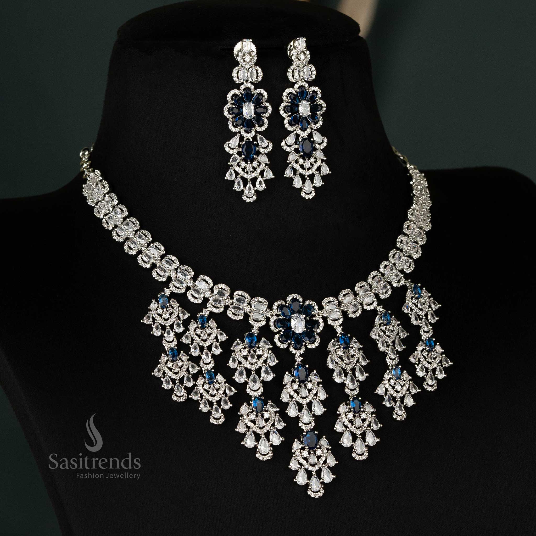 Stylish Look Rhodium Silver-Plated American Diamond Cascading Floral Bridal Choker Necklace Jewellery Set  For Bridal Wear - Sasitrends - Image 6