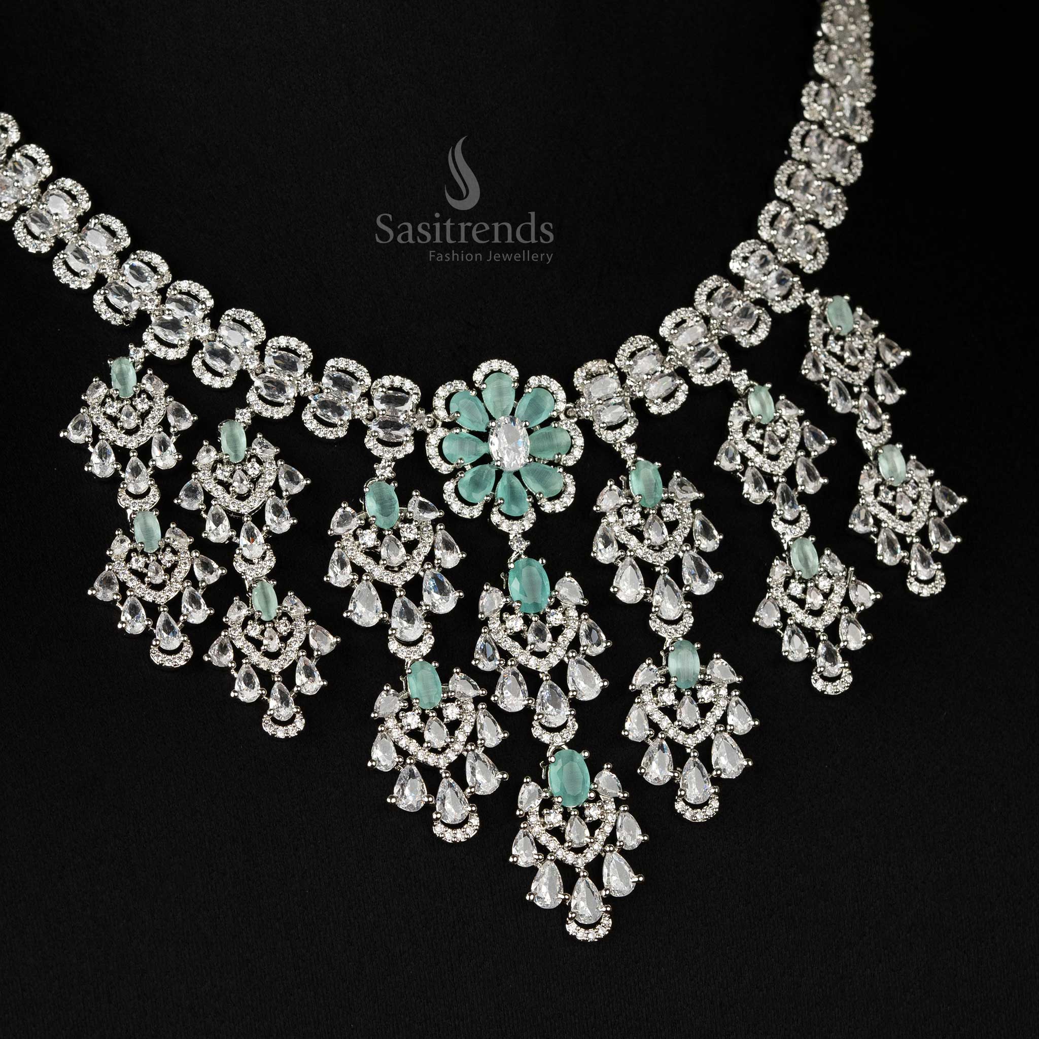 Stylish Look Rhodium Silver-Plated American Diamond Cascading Floral Bridal Choker Necklace Jewellery Set  For Bridal Wear - Sasitrends - Image 7