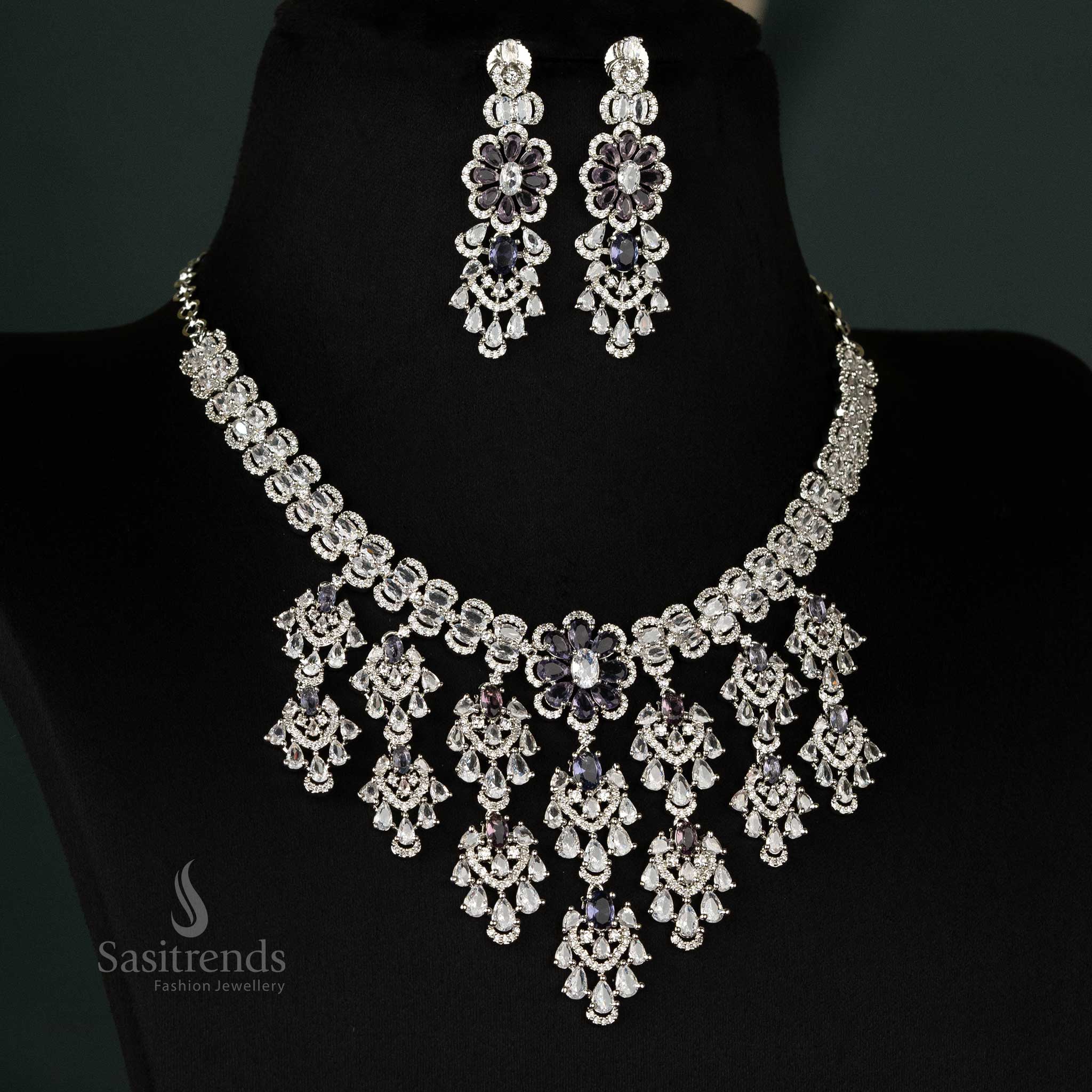Stylish Look Rhodium Silver-Plated American Diamond Cascading Floral Bridal Choker Necklace Jewellery Set  For Bridal Wear - Sasitrends - Image 8