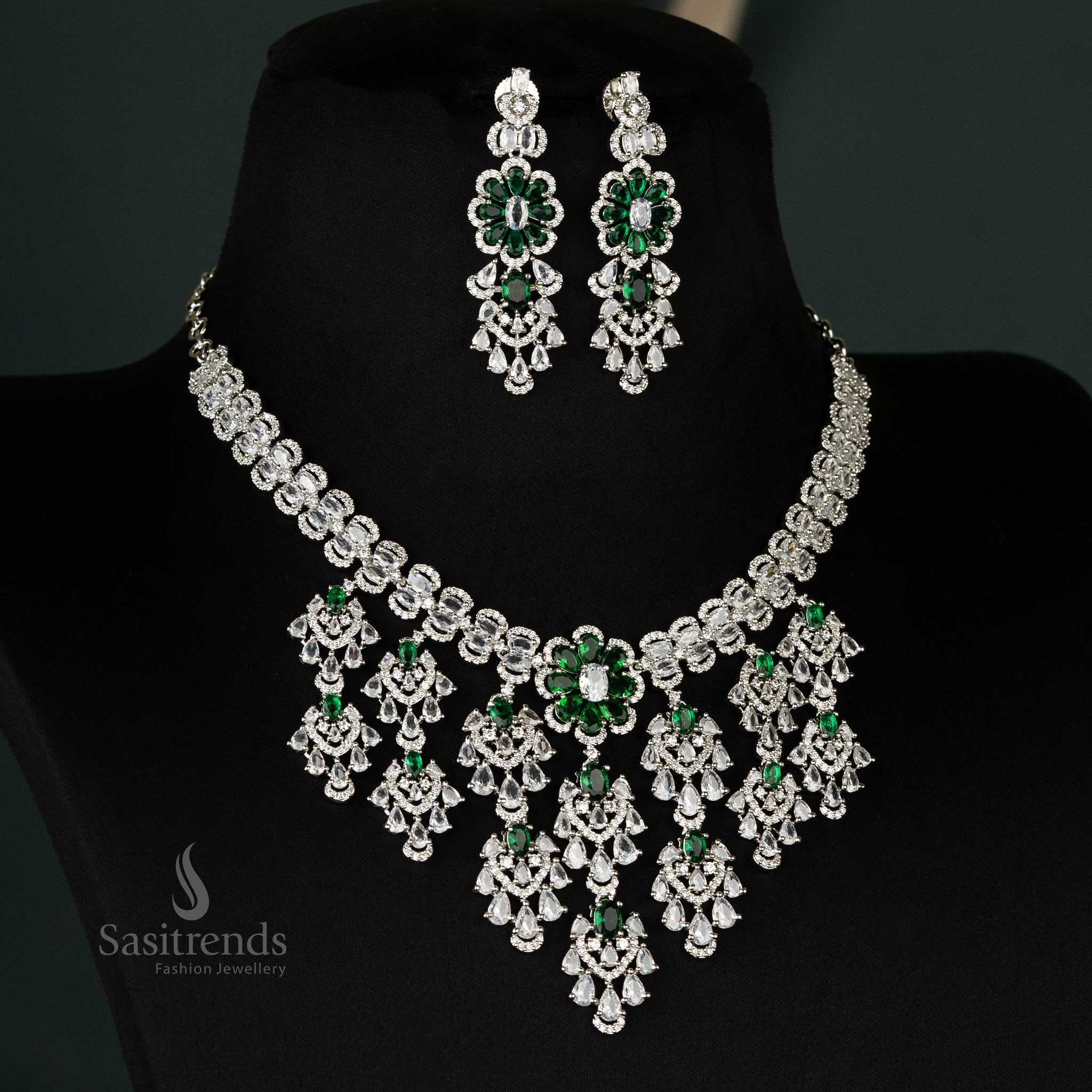 Stylish Look Rhodium Silver-Plated American Diamond Cascading Floral Bridal Choker Necklace Jewellery Set  For Bridal Wear - Sasitrends - Image 9