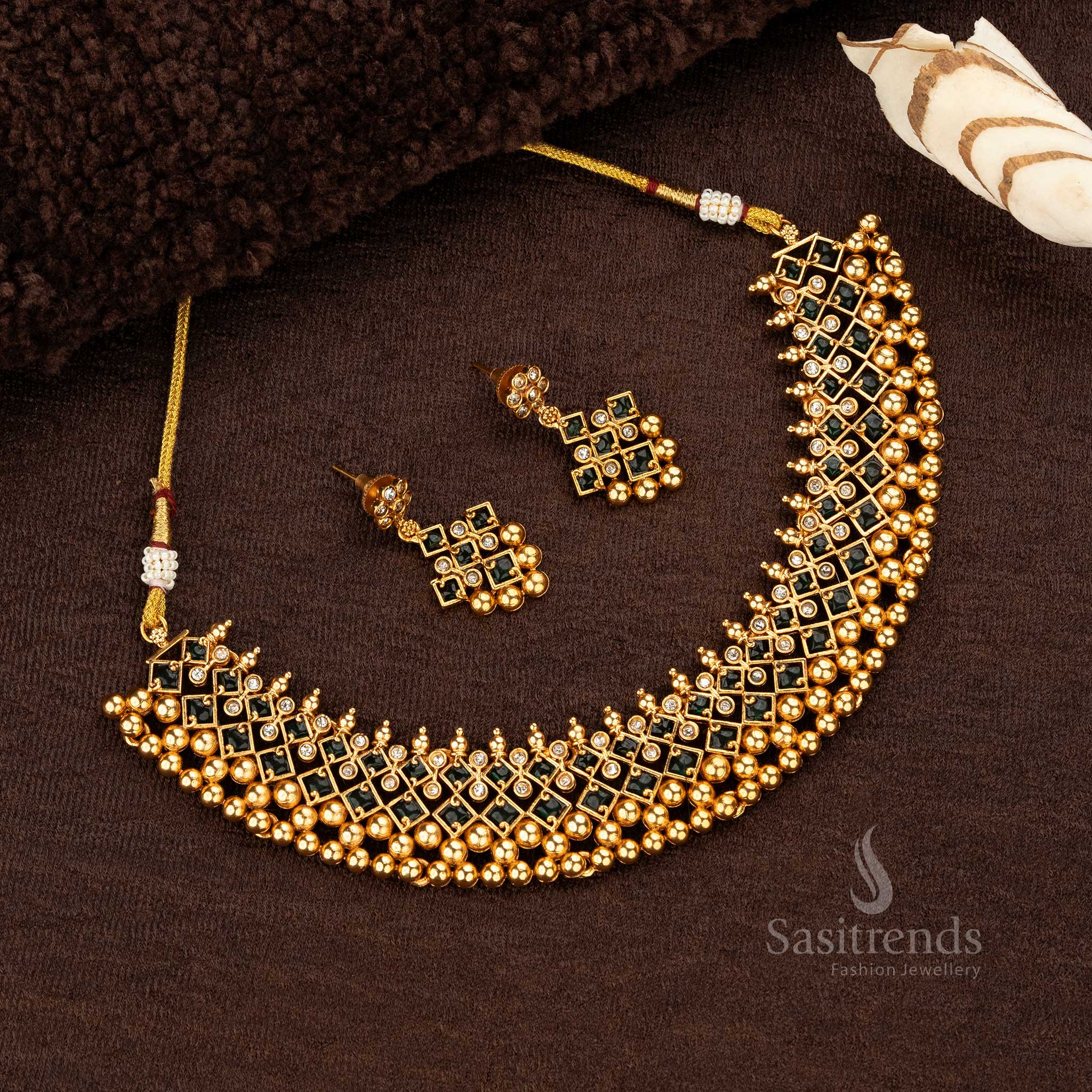 Wedding Wear Classic Temple Matte Gold Plated Necklace Jewellery Set with Geometric Motif and Matching Earrings - Sasitrends - Image 2
