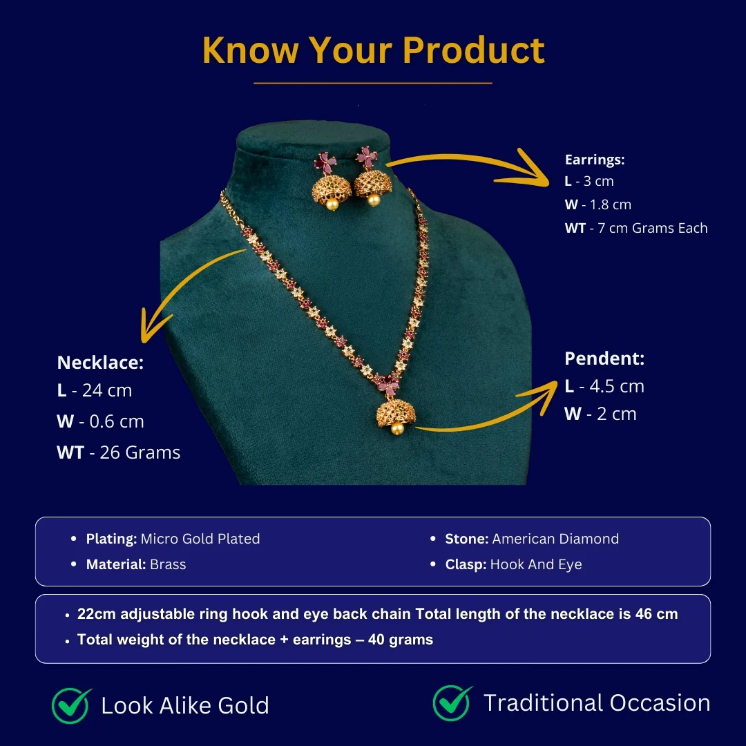 Micro Gold-Plated Bell Jhumka Necklace Jewellery Set with American Diamond Stones | Sasitrends - Image 2