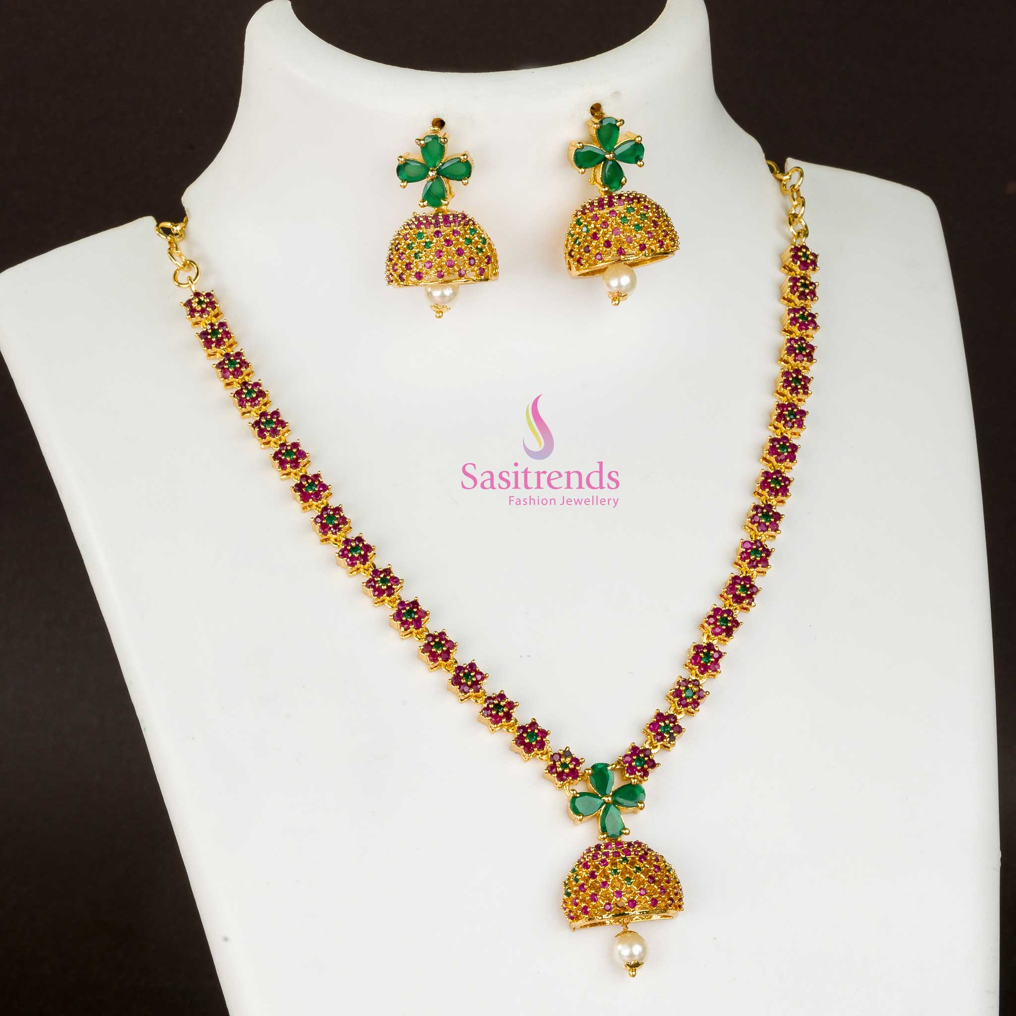 Micro Gold-Plated Bell Jhumka Necklace Jewellery Set with American Diamond Stones | Sasitrends - Image 3