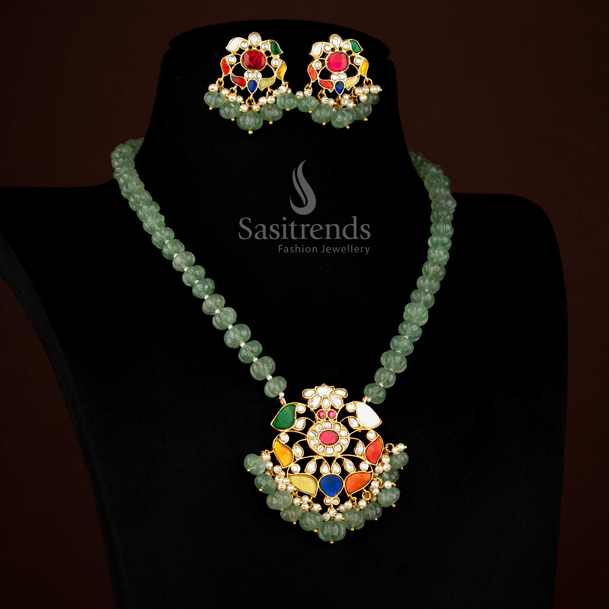Bloom Harmony – Jadau Gold Plated Floral Necklace Set with Faceted Green Beads & Pearl Danglers for Evening & Festive Celebrations