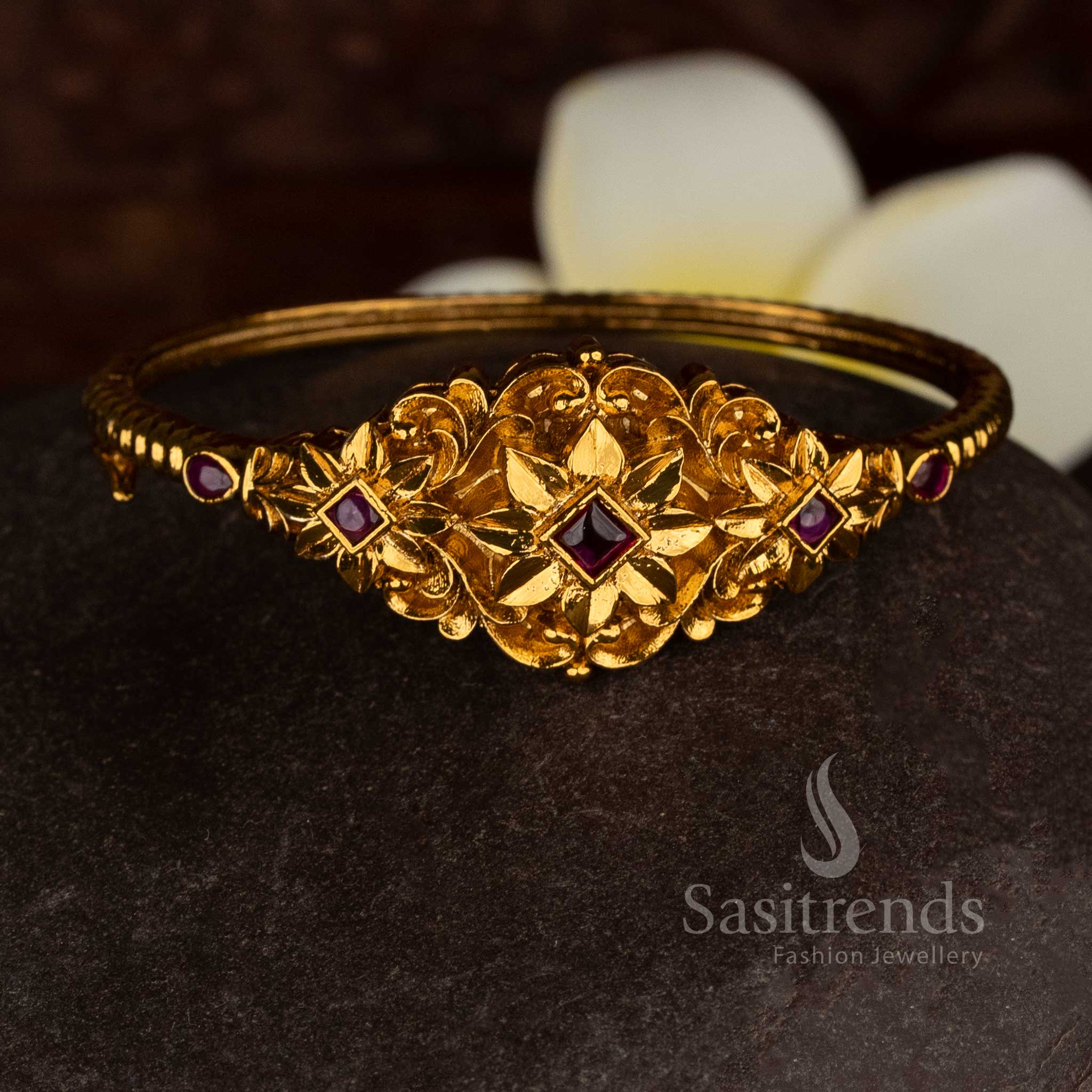 Premium Temple Blooming Floral Pattern Diamond-Cut AD Matte Gold Plated Single Openable Kada Bracelet - Traditional Wear