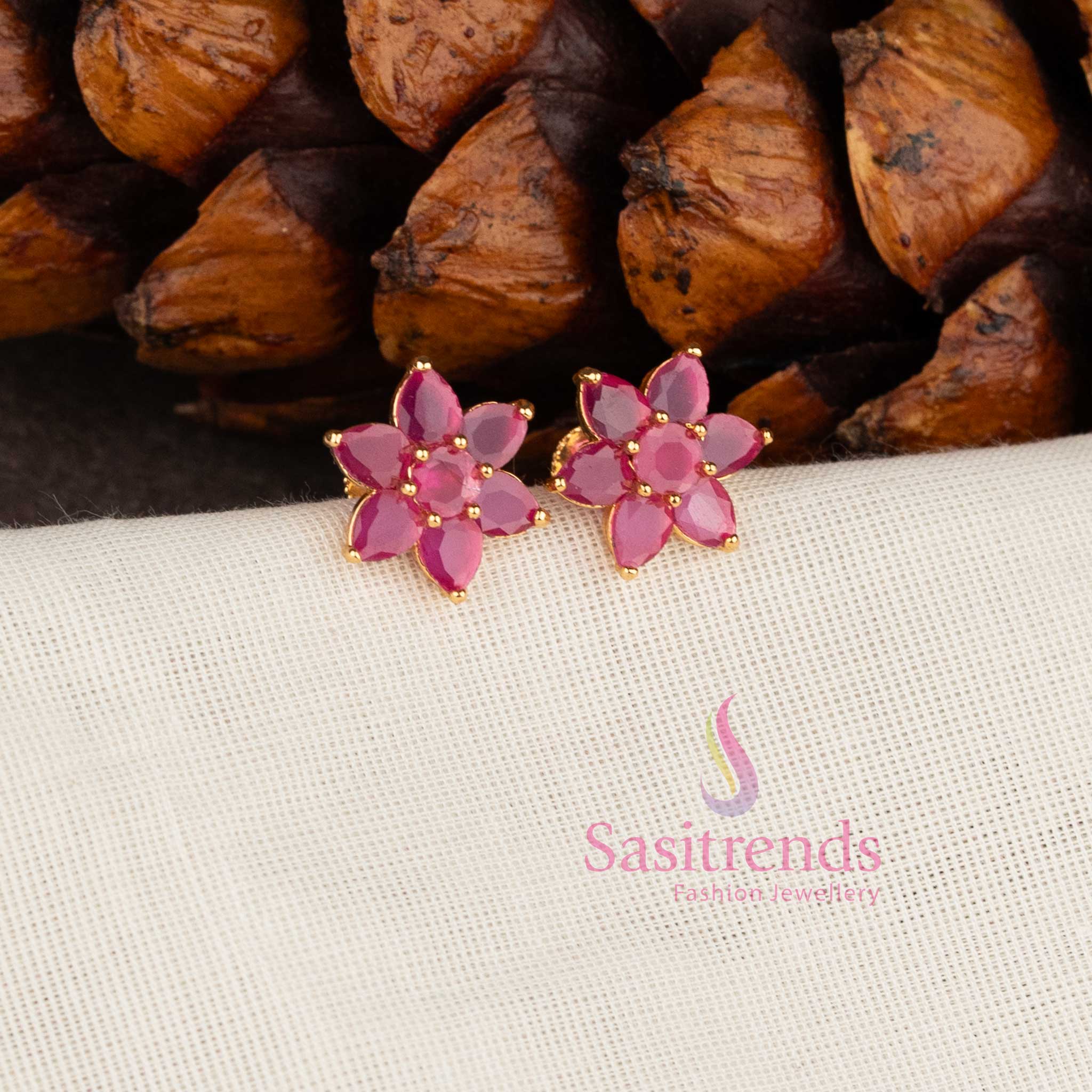 One Gram Micro Gold Plated Floral Stud Earrings American Diamond for Women – Sasitrends - Image 3