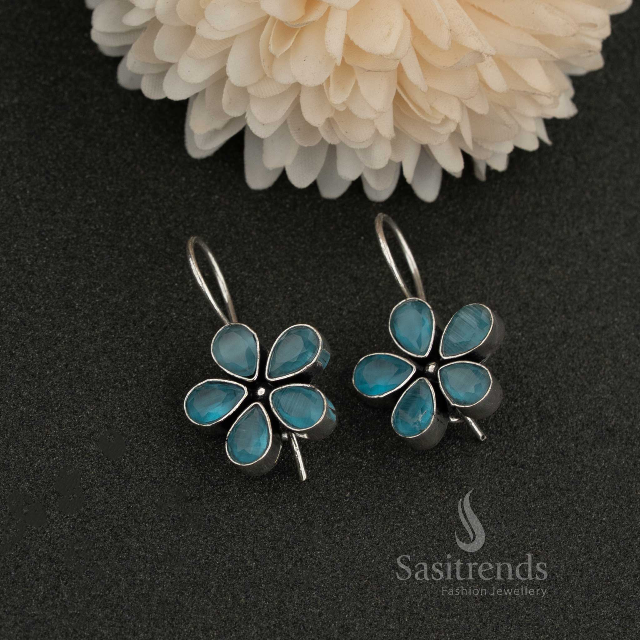 Saitrends - Blooming Petals Oxidised Fishhook Earrings with Stones Embellishments - Image 10
