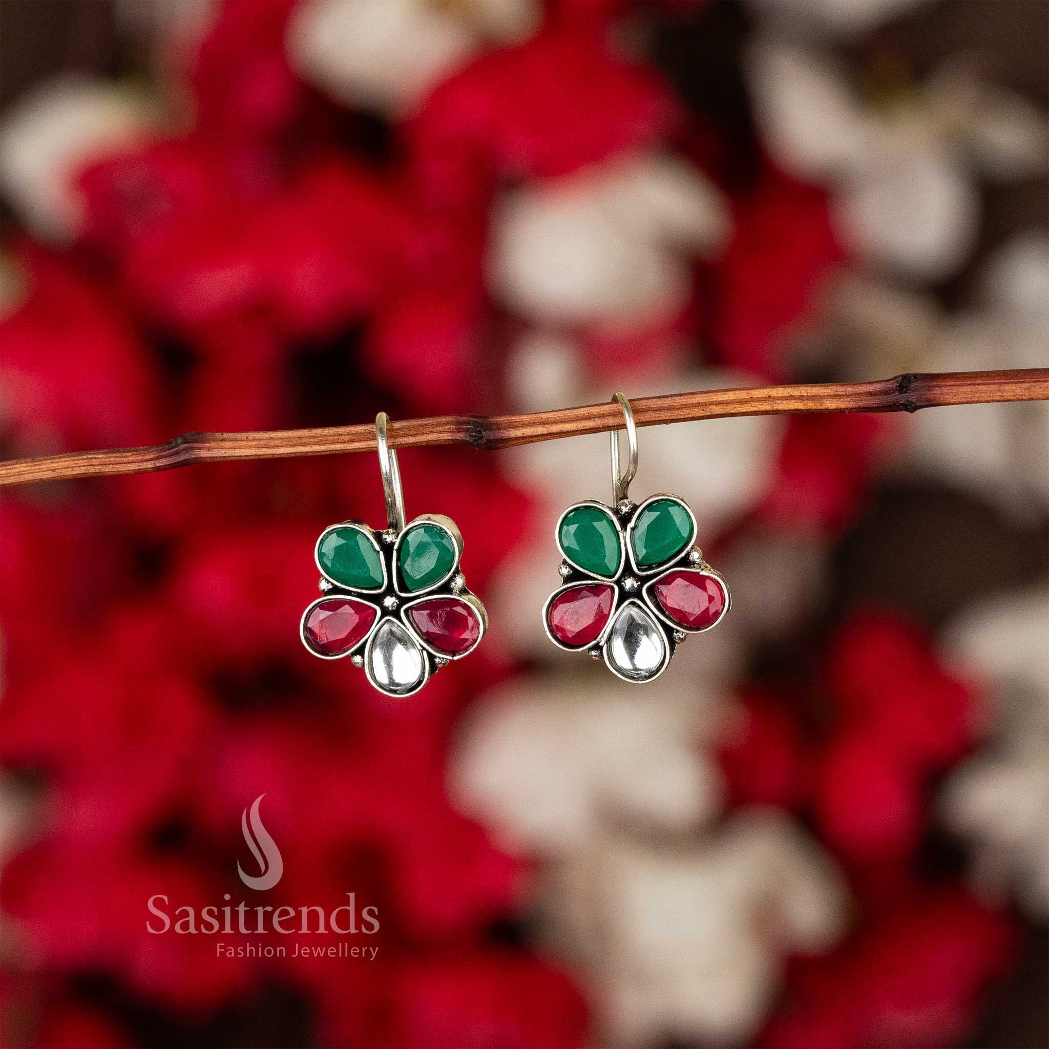 Saitrends - Blooming Petals Oxidised Fishhook Earrings with Stones Embellishments - Image 6