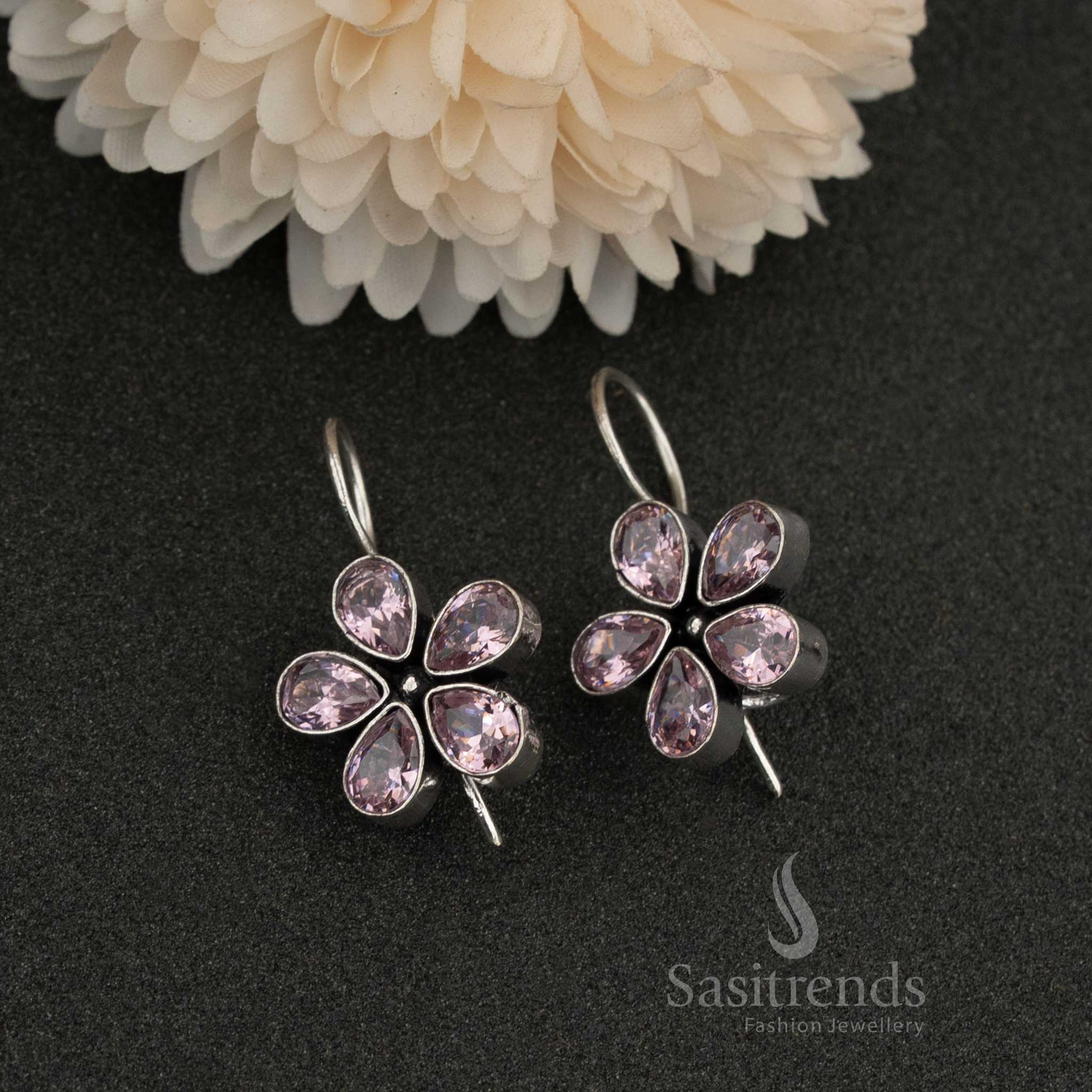 Saitrends - Blooming Petals Oxidised Fishhook Earrings with Stones Embellishments - Image 7