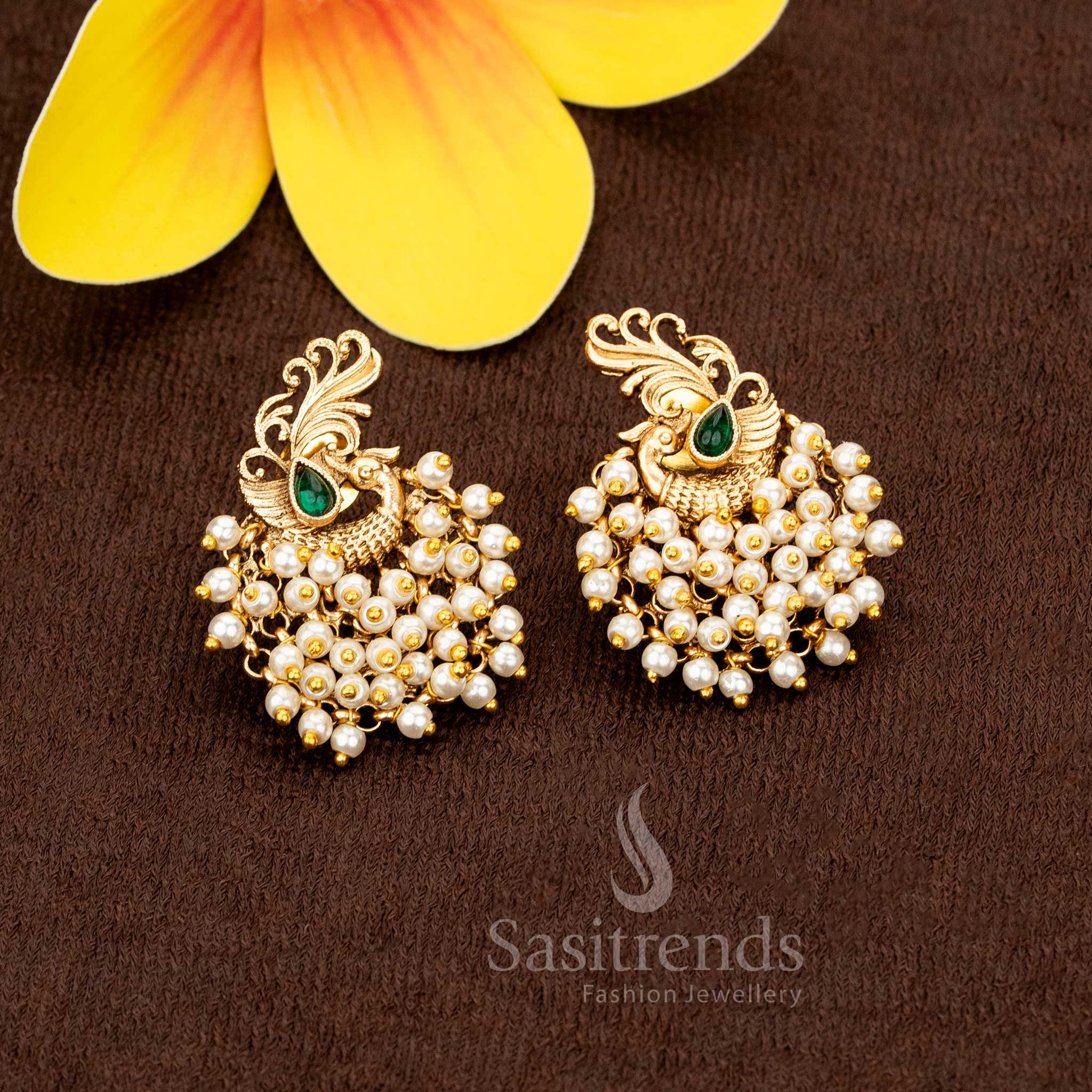 Breathtaking Peacock Bunch Earrings for Timeless Glamour - Temple Matte Gold Plated  | Sasitrends - Image 3