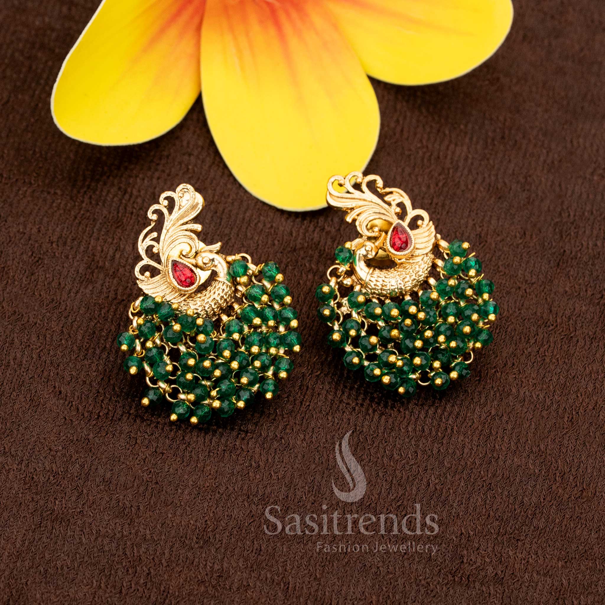 Breathtaking Peacock Bunch Earrings for Timeless Glamour - Temple Matte Gold Plated  | Sasitrends - Image 4