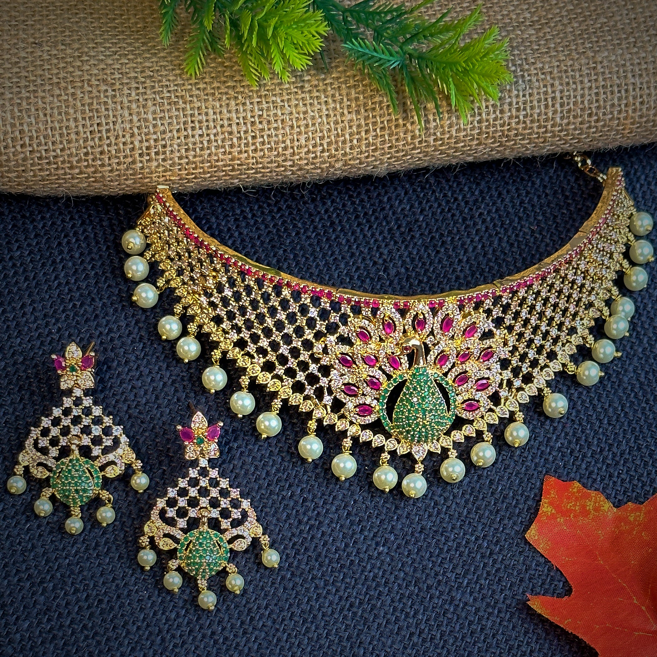 Trendy Micro Gold Plated Peacock Motif Bridal Choker Necklace Jewellery Set with American Diamond Stones - Image 10