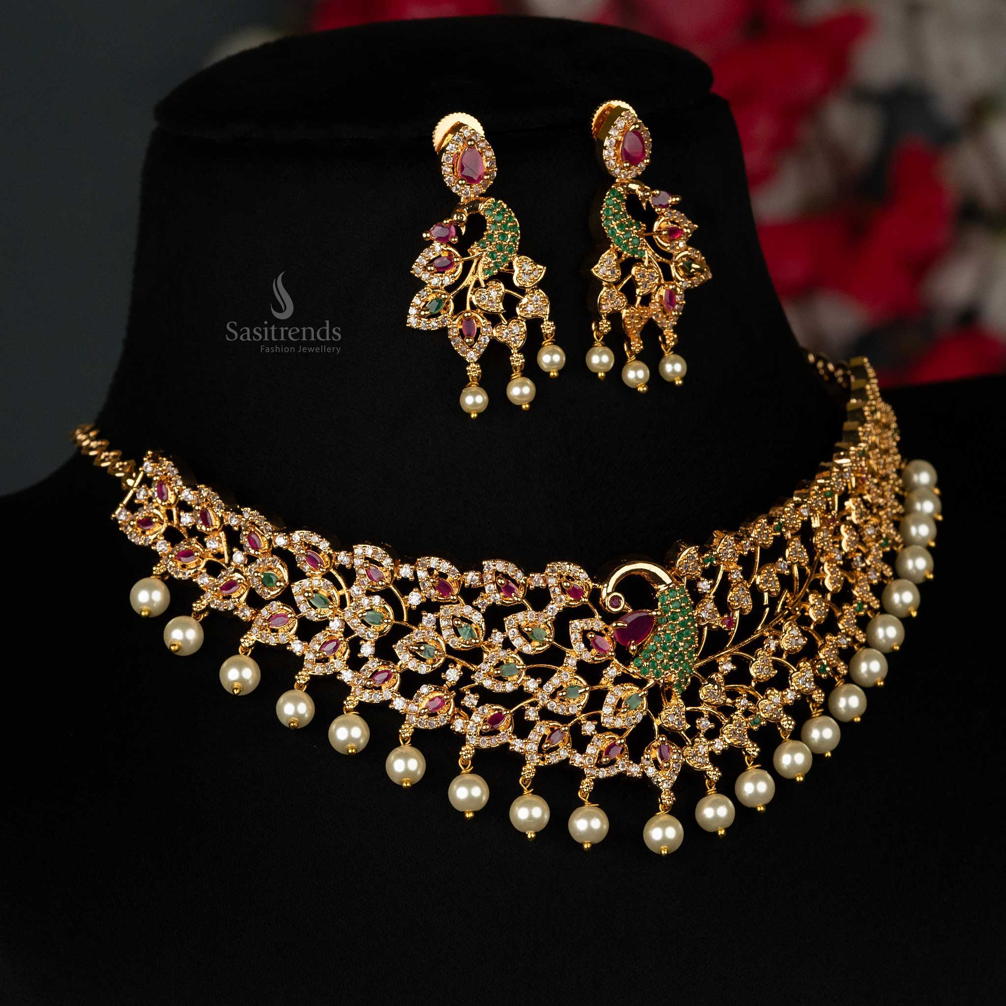 Trendy Micro Gold Plated Peacock Motif Bridal Choker Necklace Jewellery Set with American Diamond Stones - Image 3