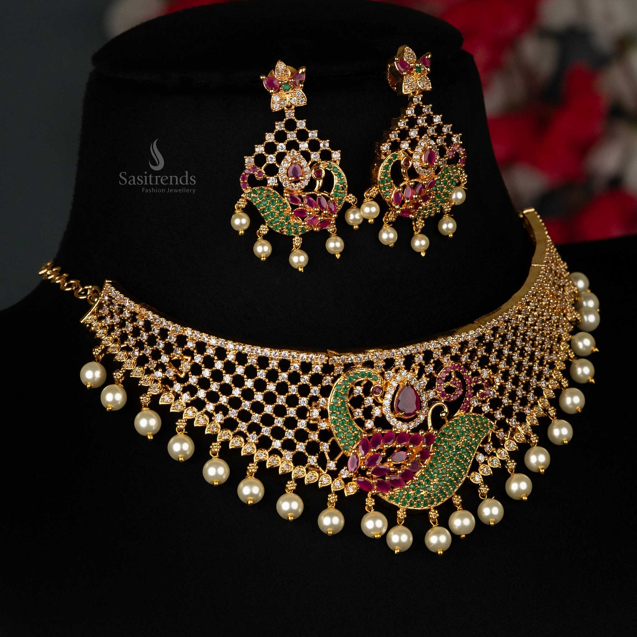 Trendy Micro Gold Plated Peacock Motif Bridal Choker Necklace Jewellery Set with American Diamond Stones - Image 4