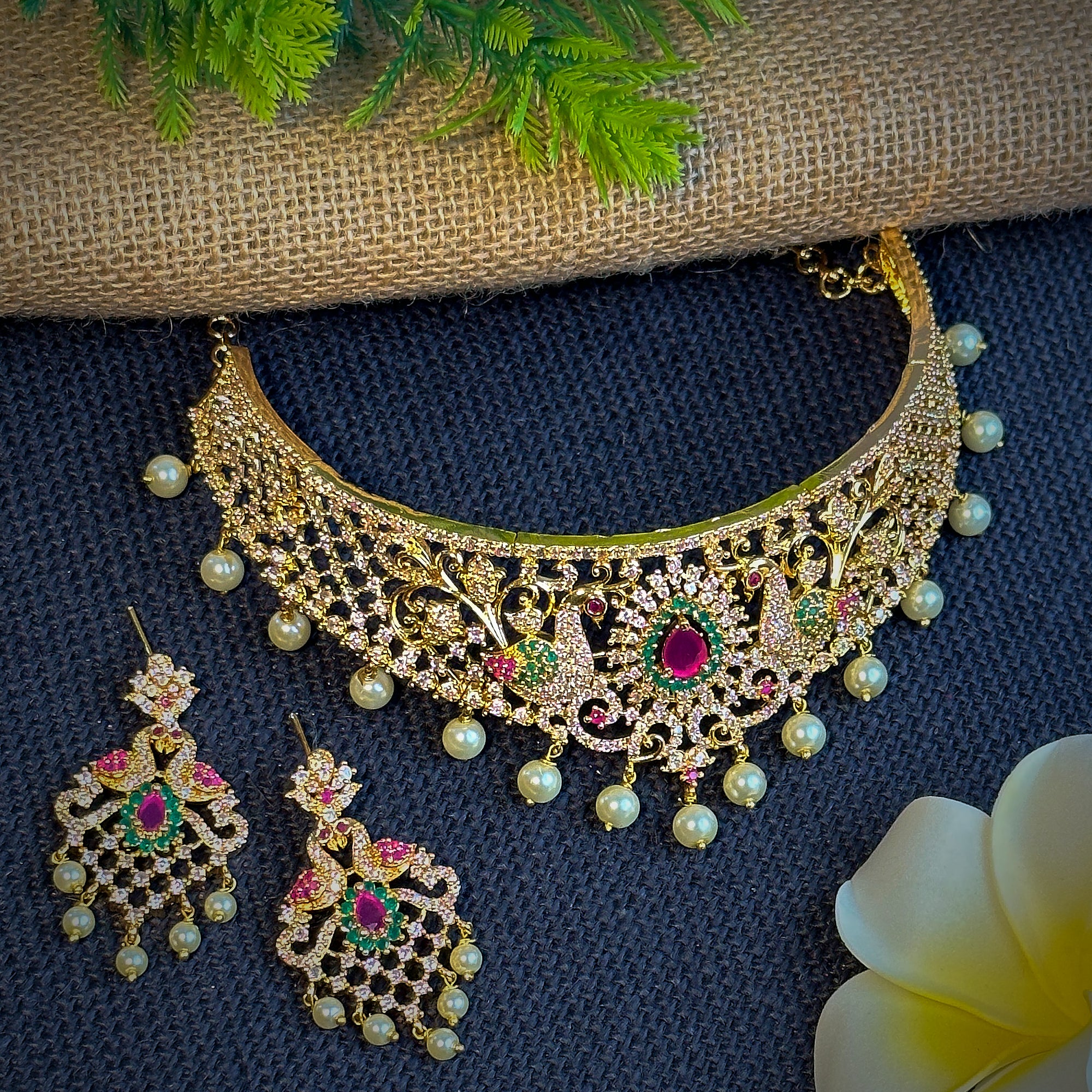 Trendy Micro Gold Plated Peacock Motif Bridal Choker Necklace Jewellery Set with American Diamond Stones - Image 5