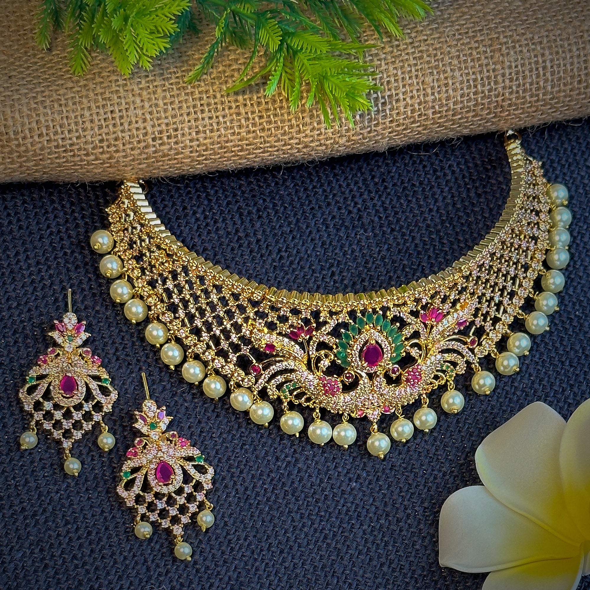 Trendy Micro Gold Plated Peacock Motif Bridal Choker Necklace Jewellery Set with American Diamond Stones - Image 6