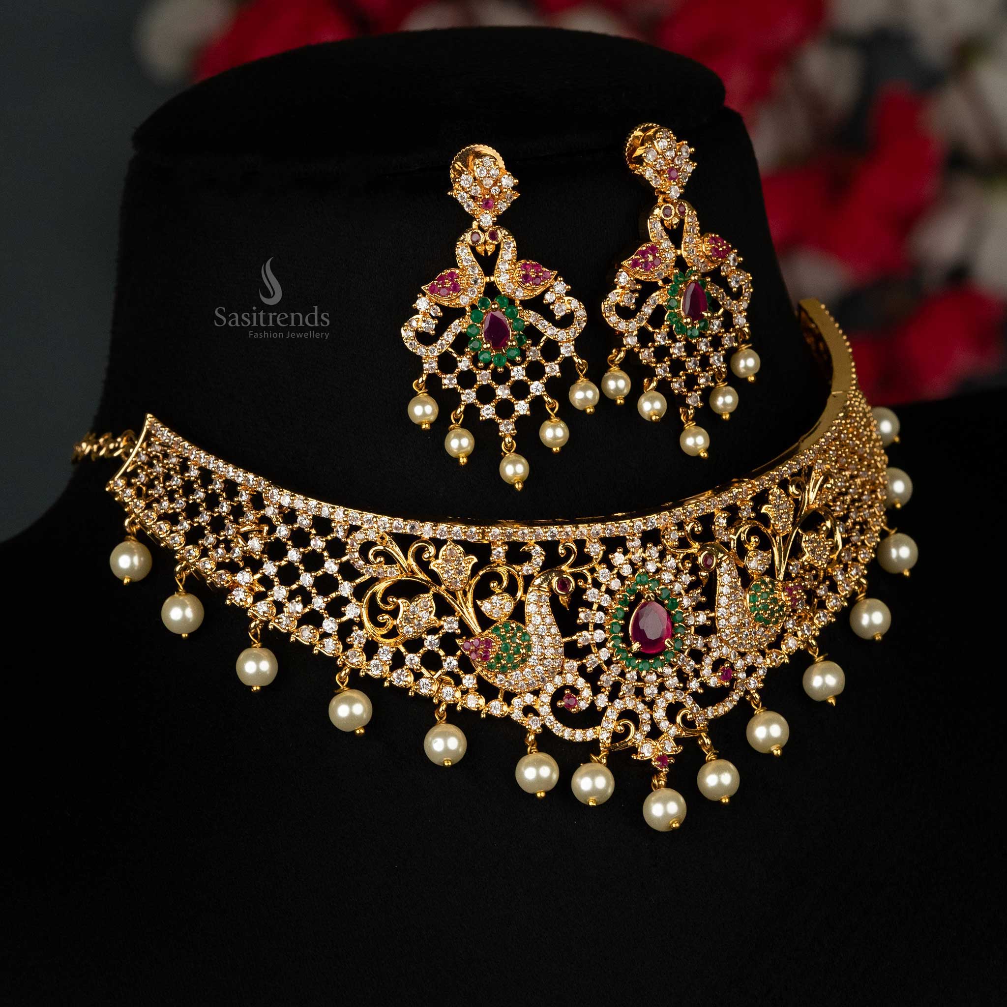 Trendy Micro Gold Plated Peacock Motif Bridal Choker Necklace Jewellery Set with American Diamond Stones - Image 7