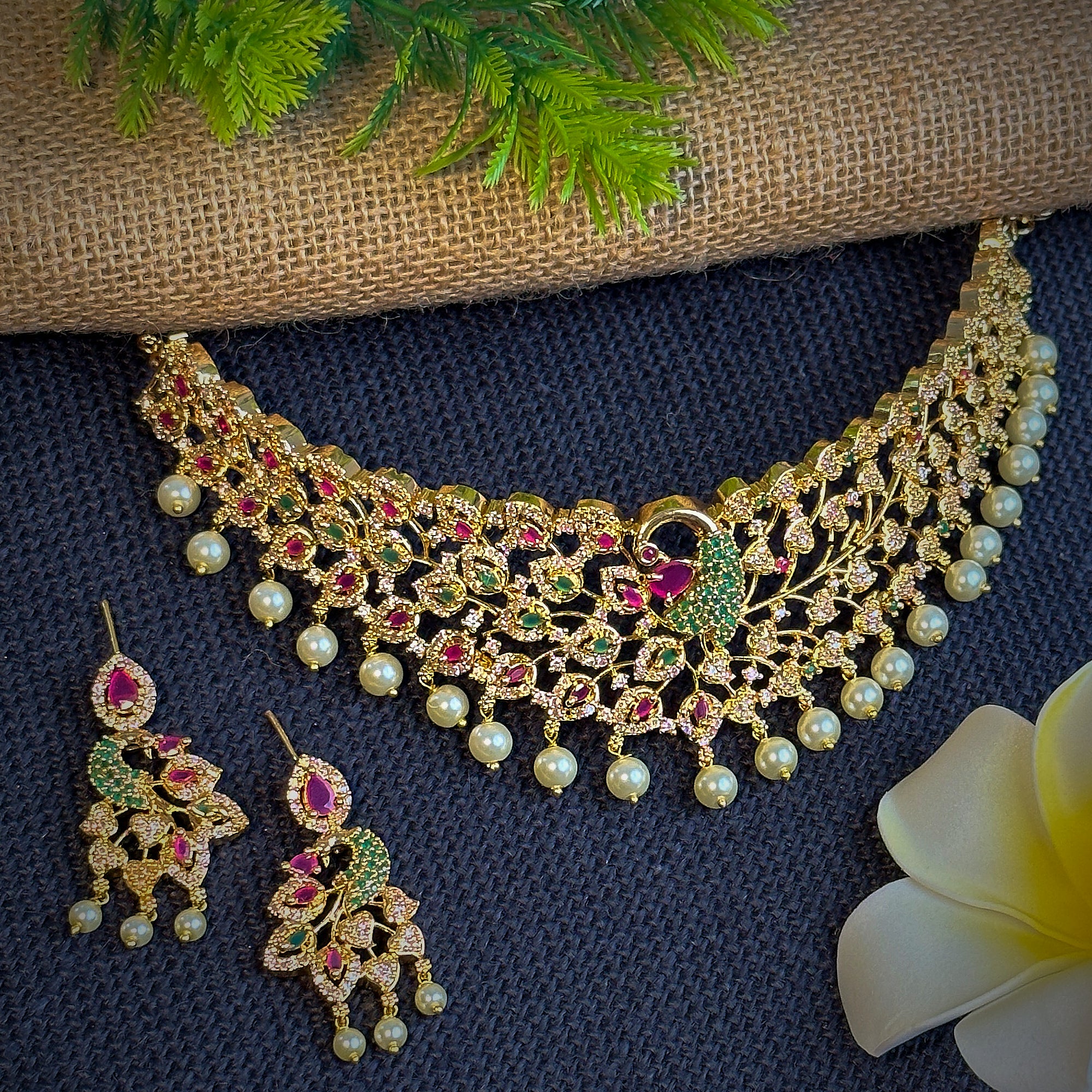 Trendy Micro Gold Plated Peacock Motif Bridal Choker Necklace Jewellery Set with American Diamond Stones - Image 8