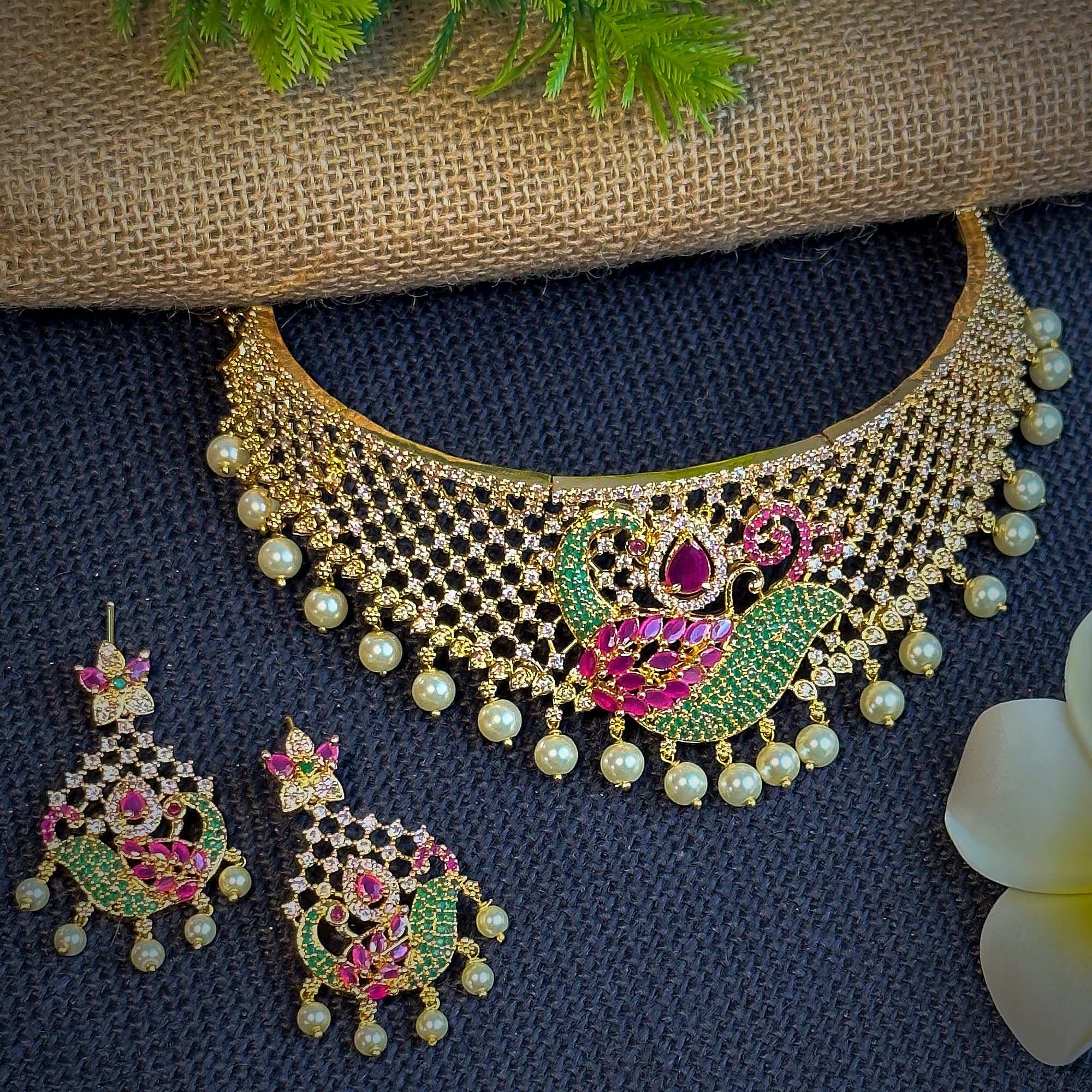 Trendy Micro Gold Plated Peacock Motif Bridal Choker Necklace Jewellery Set with American Diamond Stones - Image 9