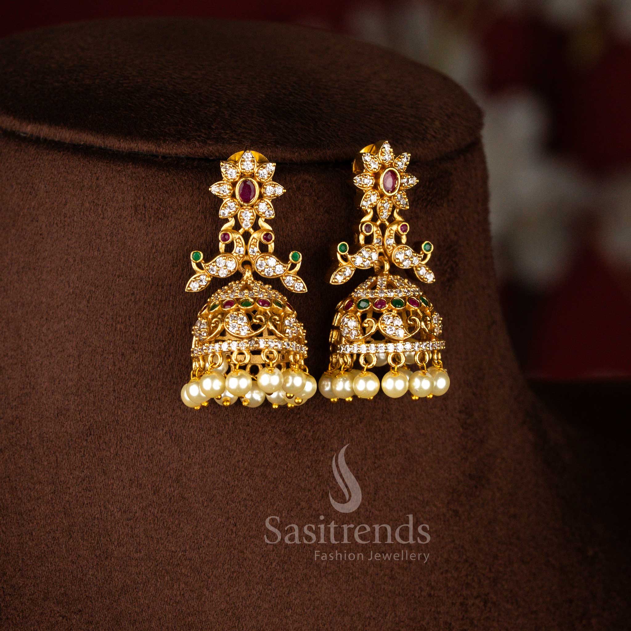 Latest Temple Matte Gold Plated Peacock & Flower Motifs Bridal Necklace Jewellery Set | Sasitrends - Image 4