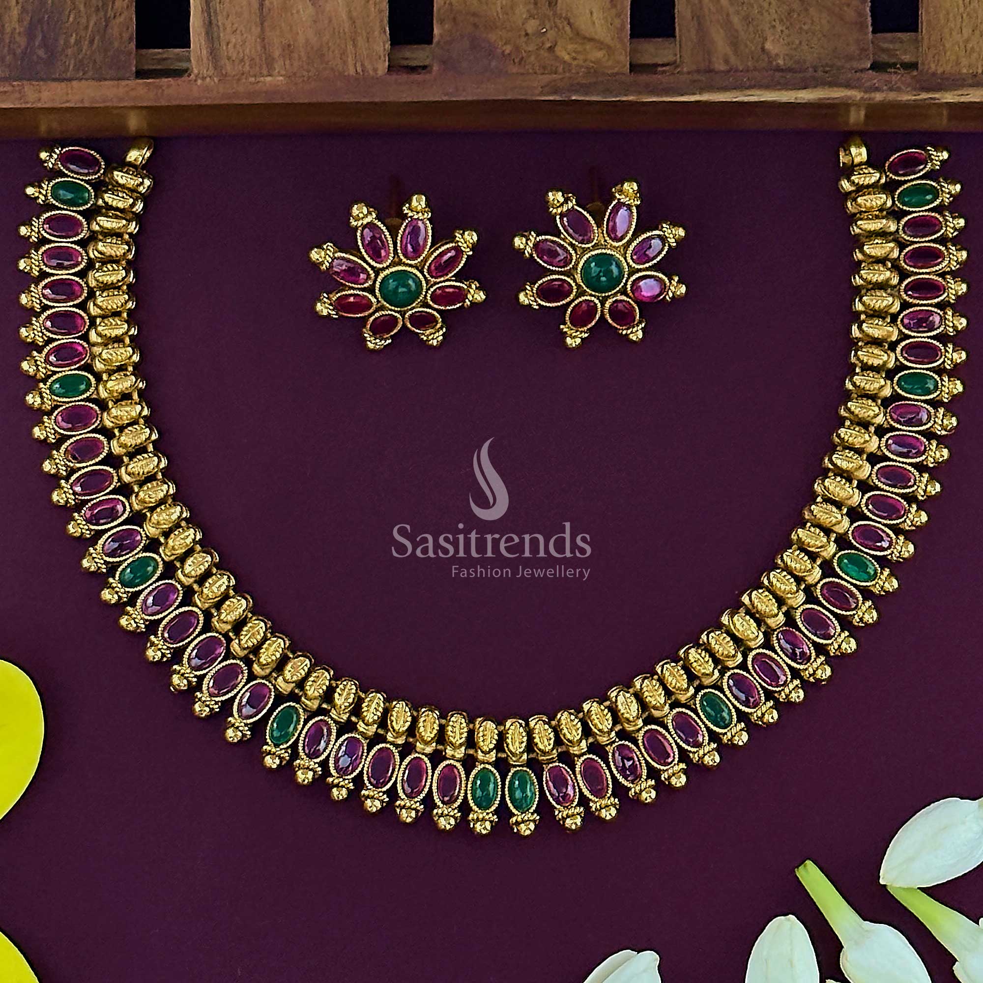 Latest Temple Matte Gold Finish Bridal Necklace Jewellery Set | Sasitrends - Image 2