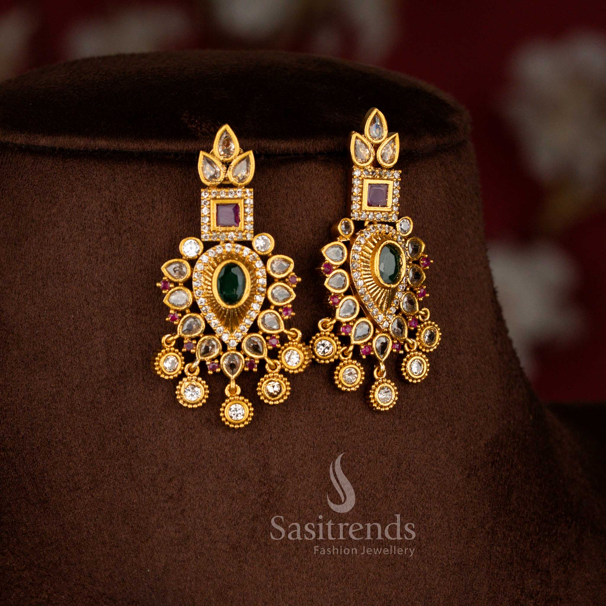 Latest Bridal Wear Temple Matte Gold Tone Floral Choker Necklace Jewellery Set with AD Stones for Women | Sasitrends - Image 3