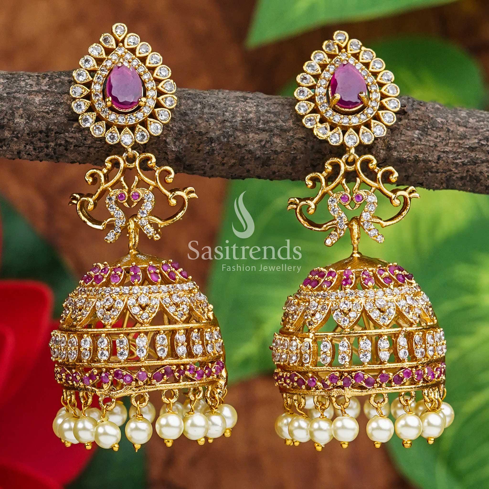 New Bridal Jhumka Earrings - Temple Matte Gold Plated with American Diamond Stones - Image 3