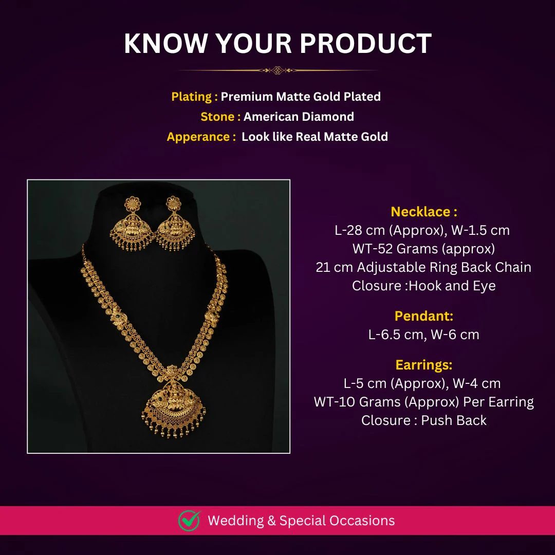 Divine Wealth: Bridal Lakshmi & Peacock Pendant Temple Matte Gold Finish Long Necklace Jewellery Set with AD Stones | Sasitrends - Image 2