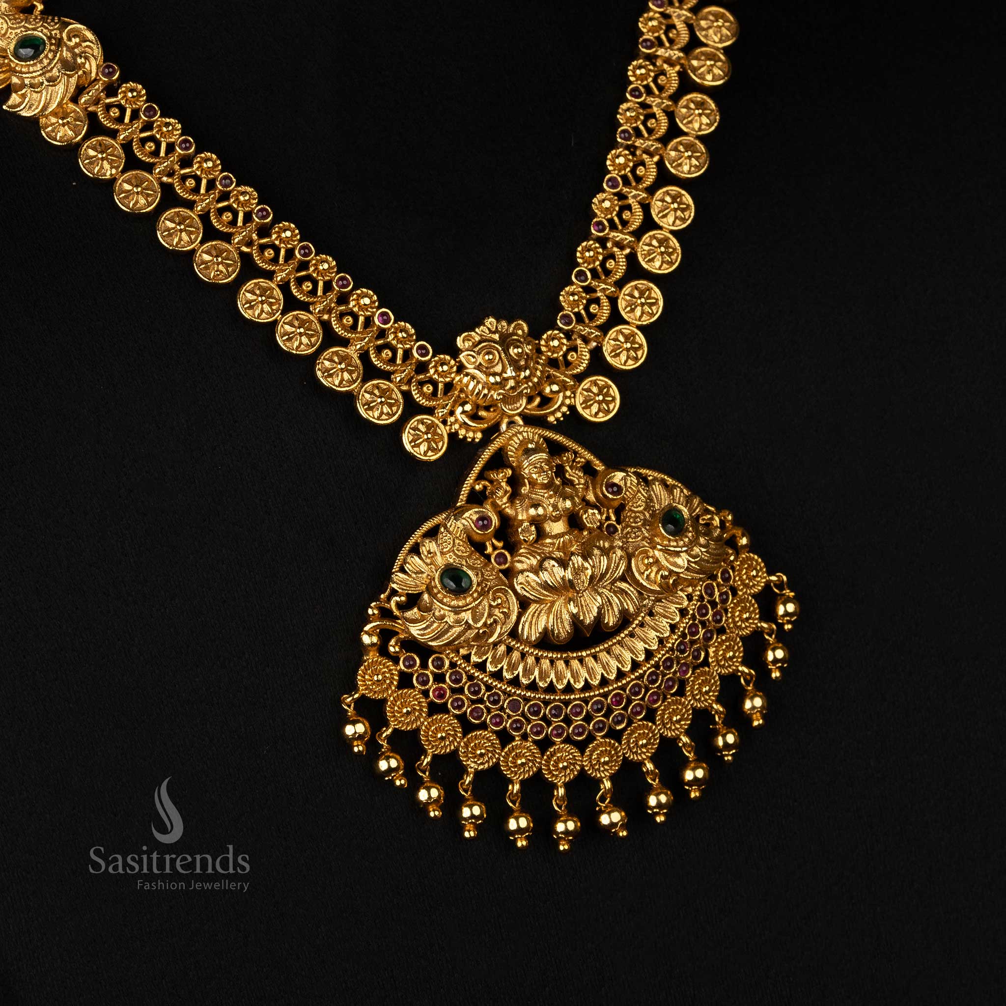 Divine Wealth: Bridal Lakshmi & Peacock Pendant Temple Matte Gold Finish Long Necklace Jewellery Set with AD Stones | Sasitrends - Image 3