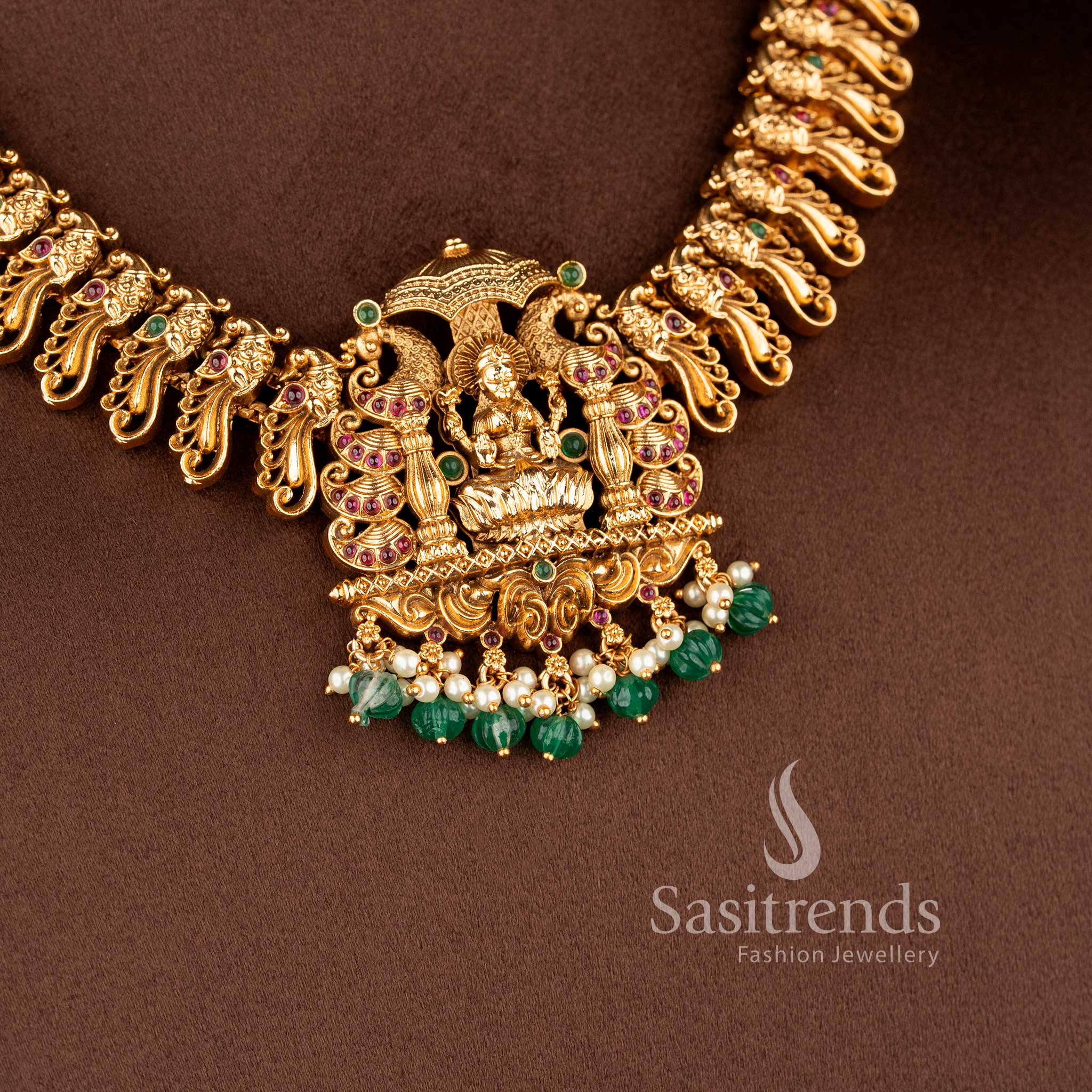 New Bridal Wear Temple Matte Gold Plated Lakshmi Peacock Necklace Jewellery Set for Women with Jhumkas - Latest Traditional Jewellery - Image 7