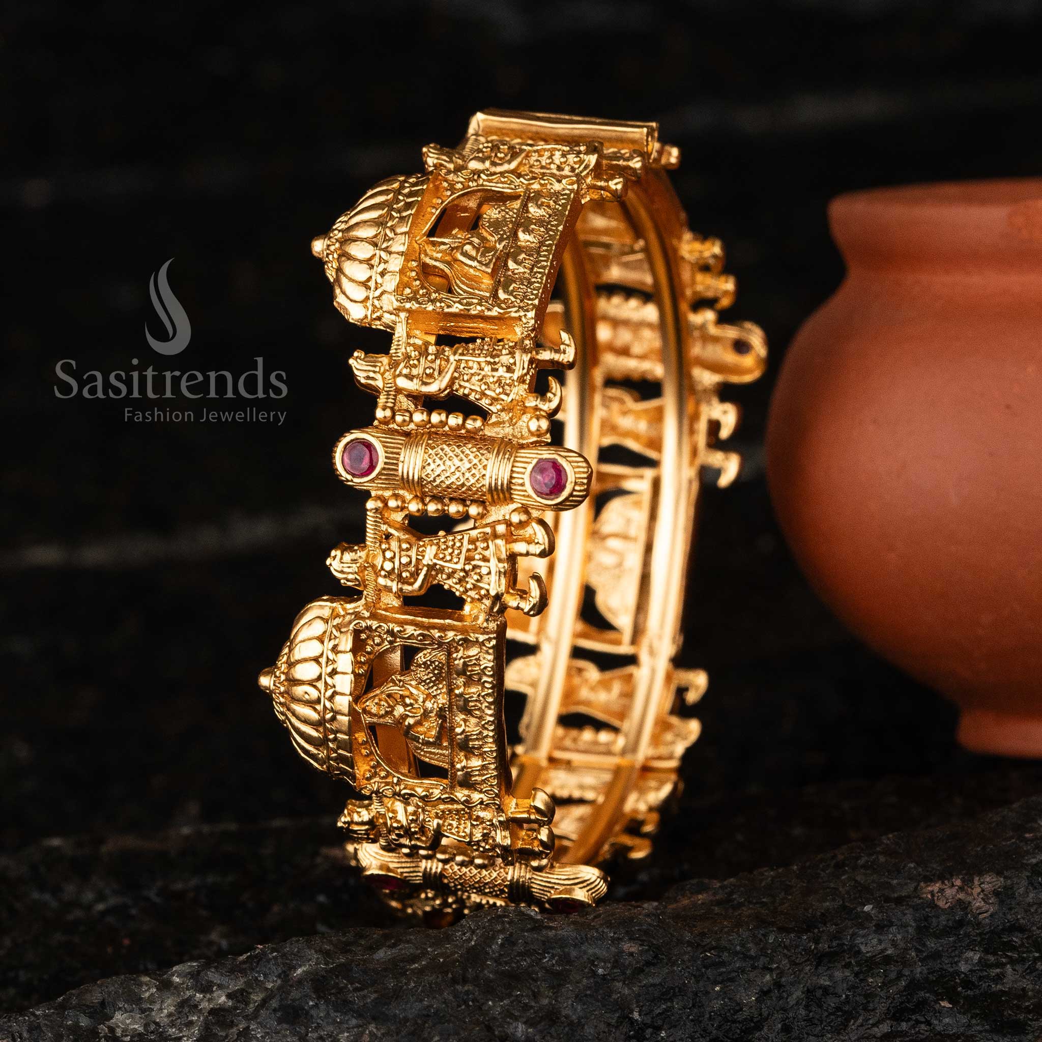 Gorgeous Bridal Antique Gold Plated Temple Doli Baarat Meenakari Kada Bangle with Ruby Synthetic Stones | Pallak Design - Image 2