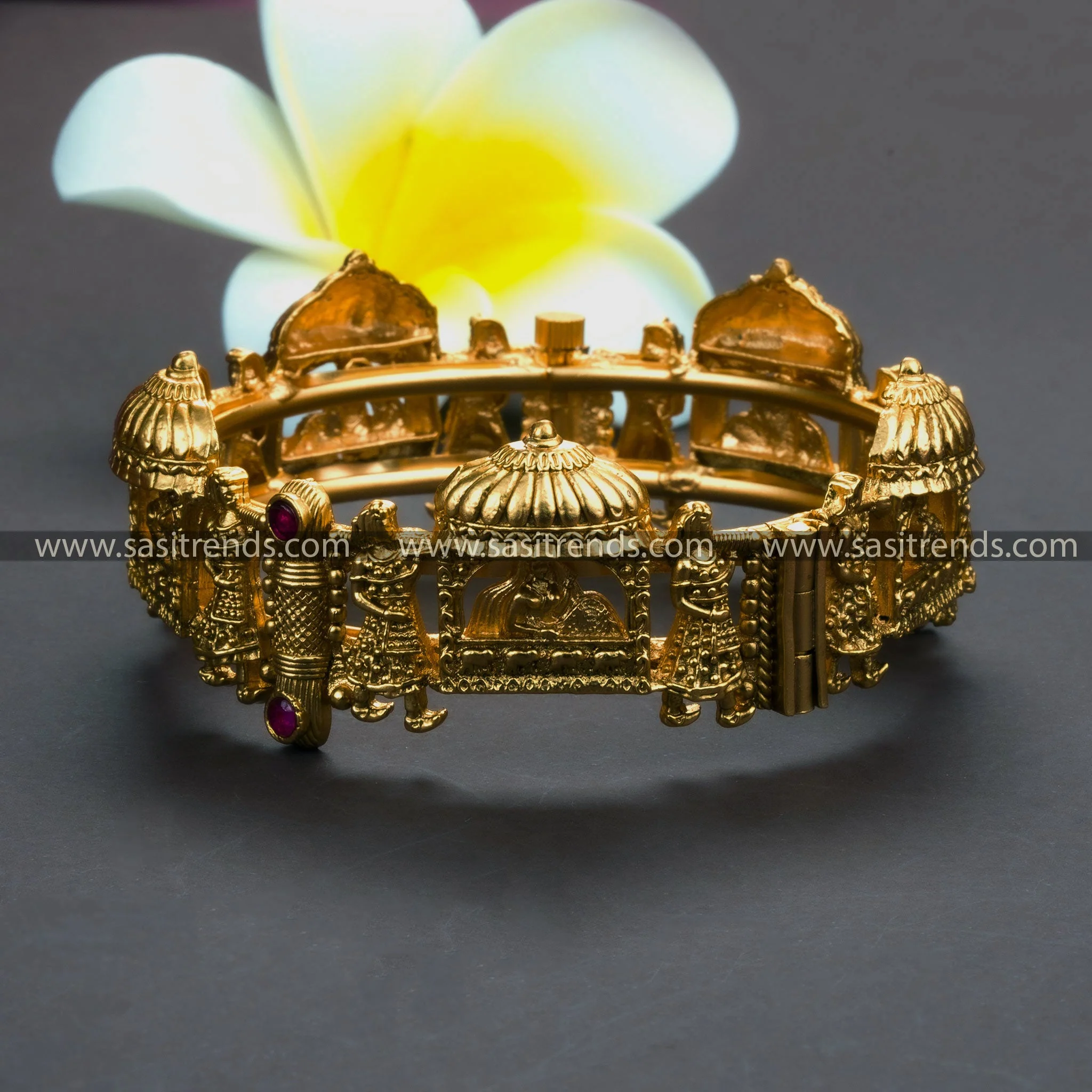 Gorgeous Bridal Antique Gold Plated Temple Doli Baarat Meenakari Kada Bangle with Ruby Synthetic Stones | Pallak Design - Image 3