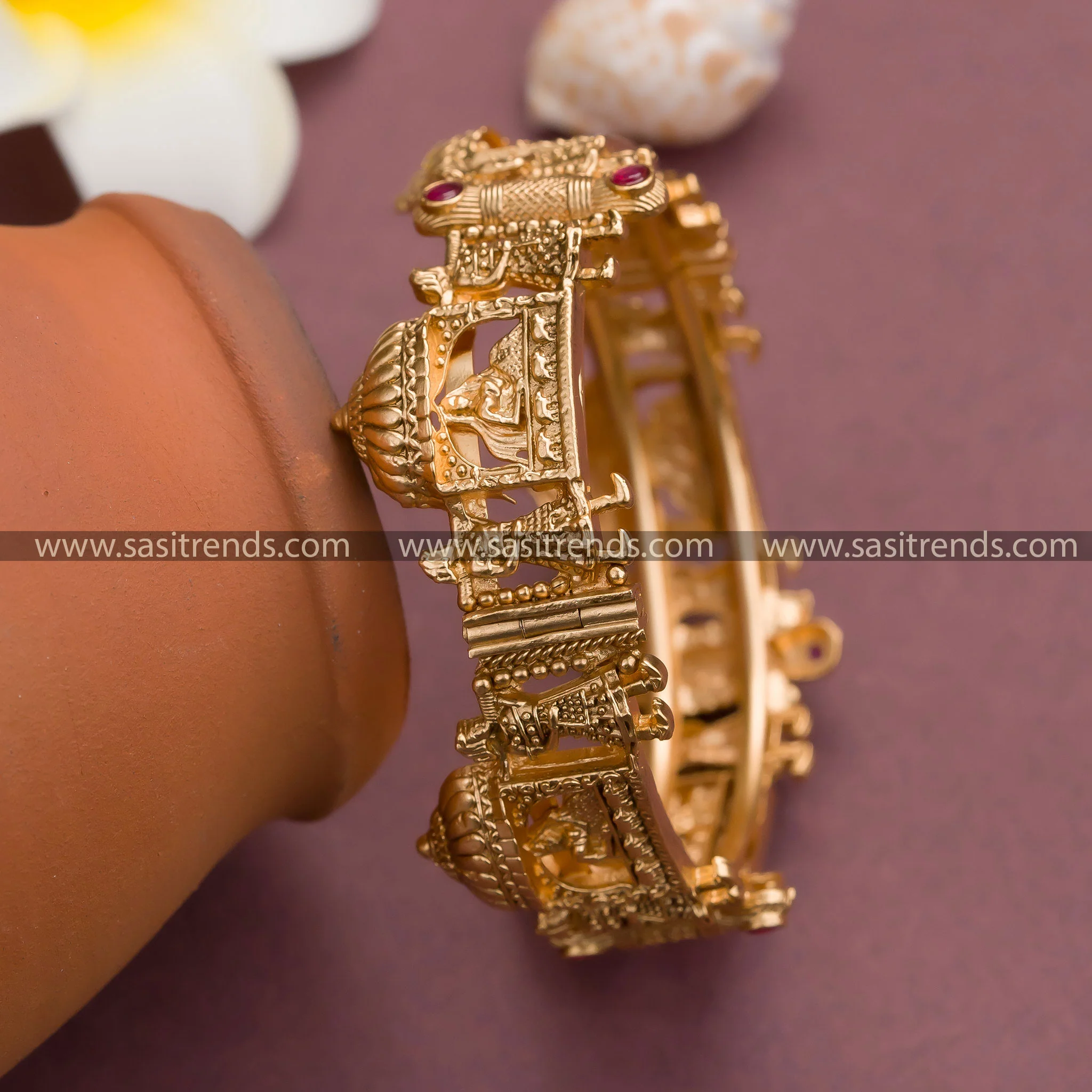 Gorgeous Bridal Antique Gold Plated Temple Doli Baarat Meenakari Kada Bangle with Ruby Synthetic Stones | Pallak Design - Image 4