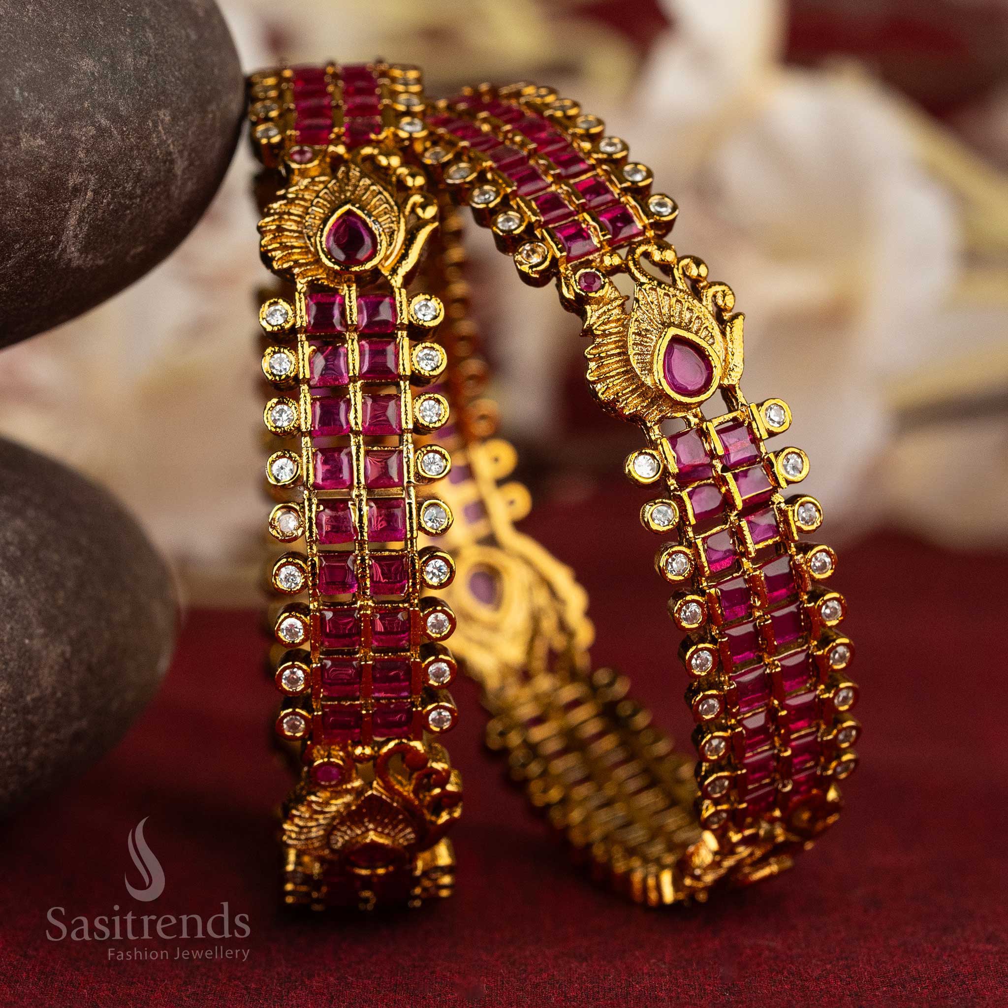 Latest Bridal AD Bangle Set - Multi-Coloured Peacock Motif with Temple Matte Gold Plating - Image 3