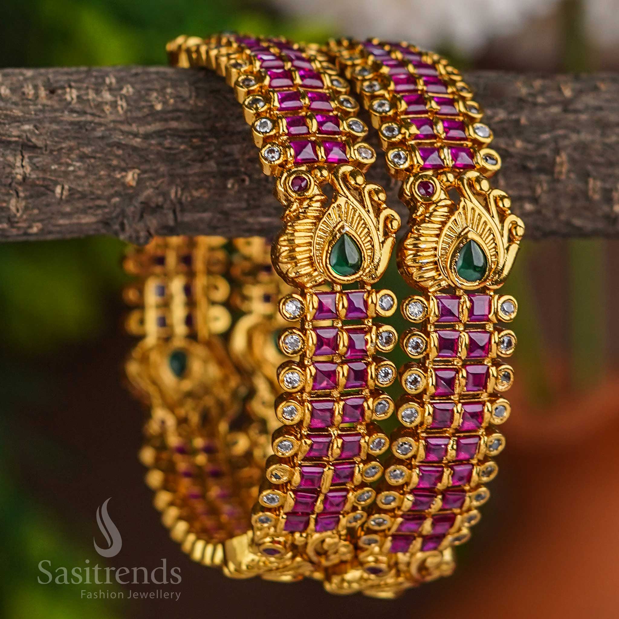 Latest Bridal AD Bangle Set - Multi-Coloured Peacock Motif with Temple Matte Gold Plating - Image 4