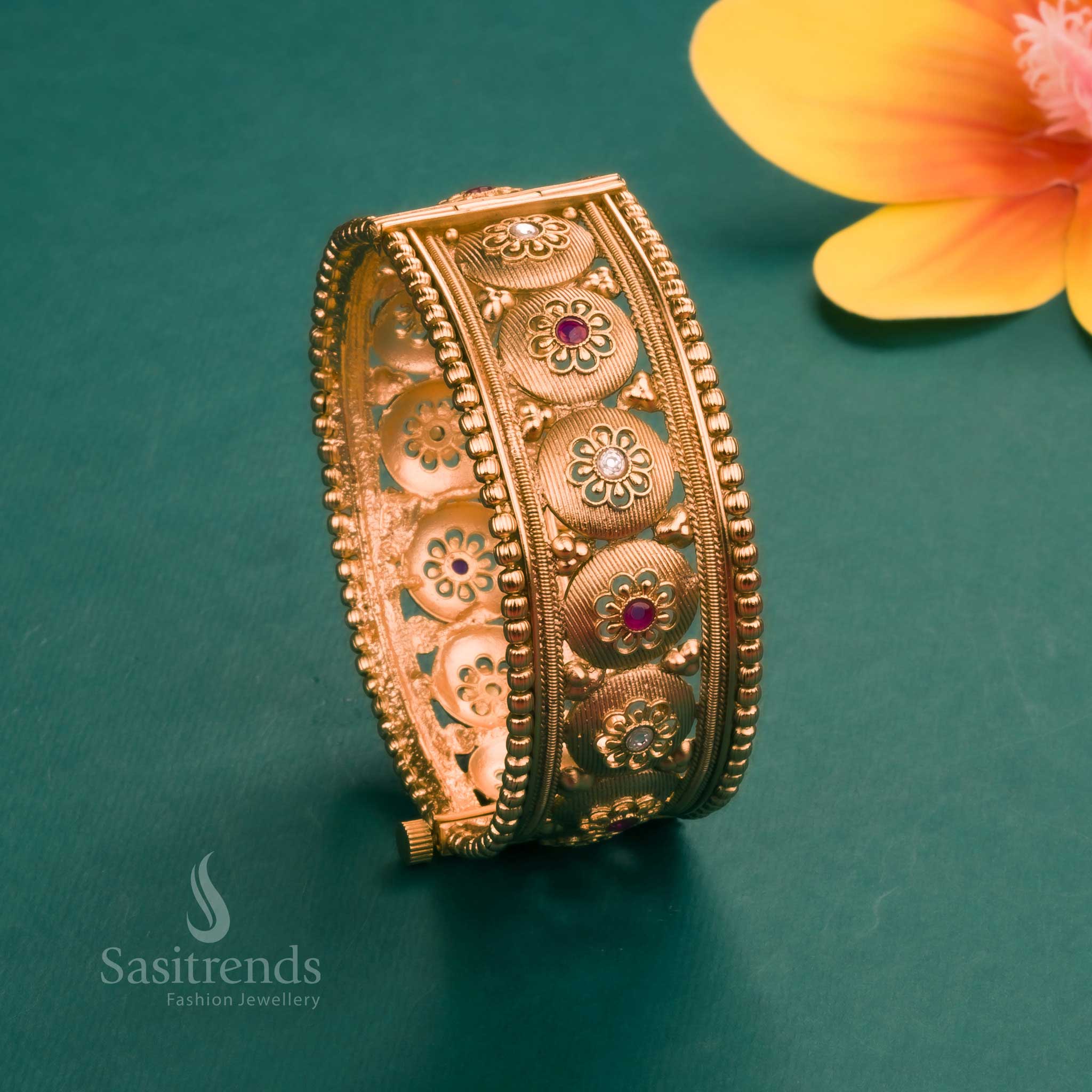 Trendy Bridal Antique Gold Plated Temple Kada Bangle with Floral Motif and Synthetic Stones - Openable Pattern - Image 3