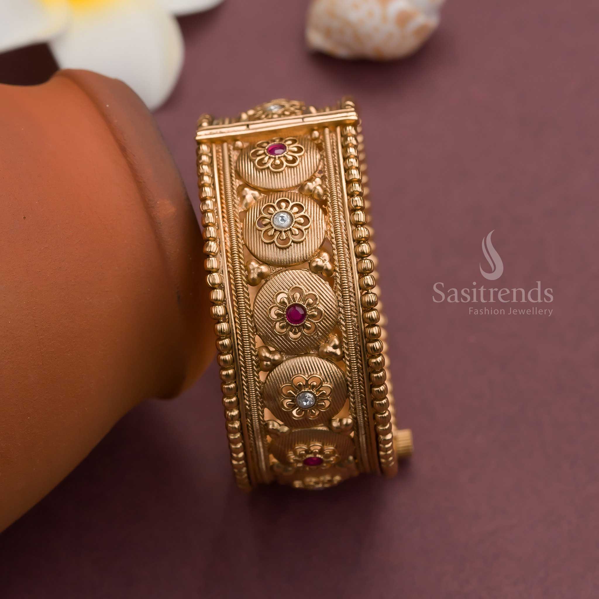 Trendy Bridal Antique Gold Plated Temple Kada Bangle with Floral Motif and Synthetic Stones - Openable Pattern - Image 4