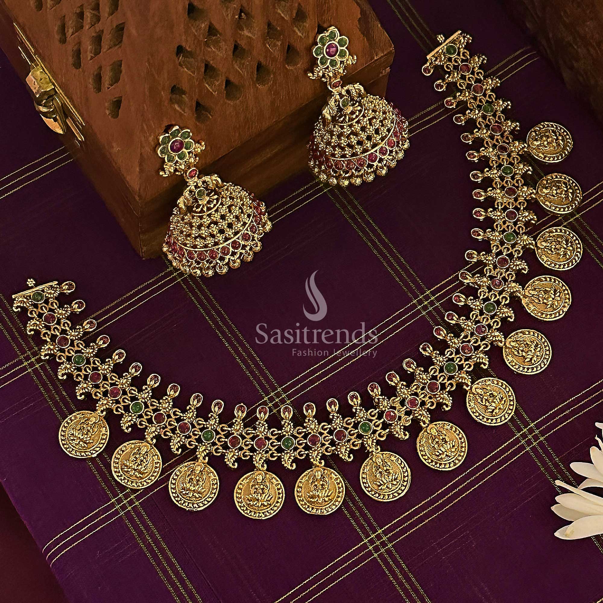 Graceful Bridal Temple Matte Gold Tone Necklace Jewellery Set - Latest Jewellery Collection | Sasitrends - Image 2
