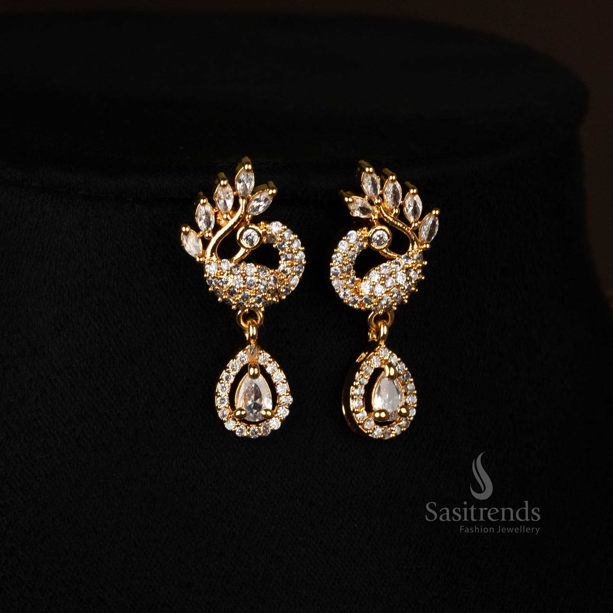 Enchanting Micro Gold Plated Cascading Peacocks Necklace Jewellery Set with Sparkling American Diamonds - Image 3