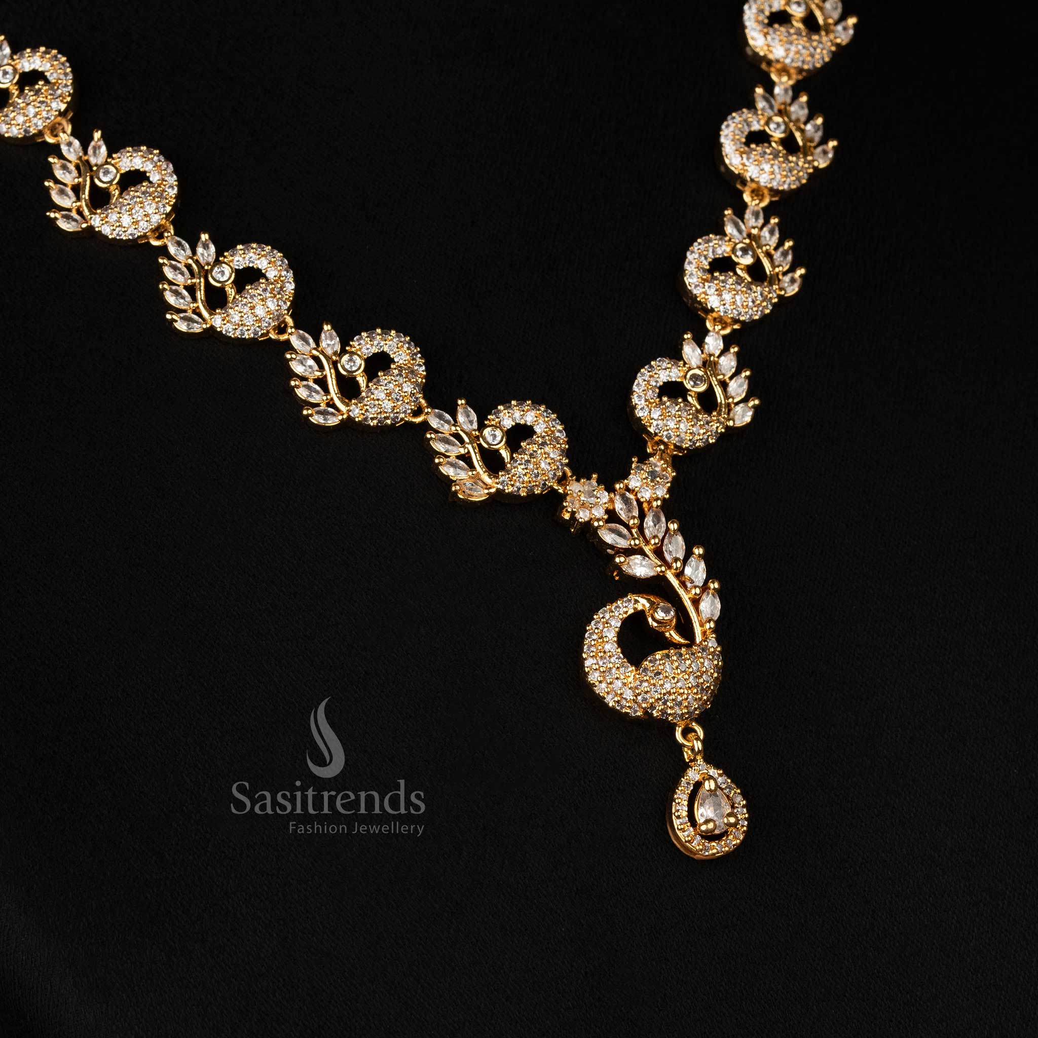 Enchanting Micro Gold Plated Cascading Peacocks Necklace Jewellery Set with Sparkling American Diamonds - Image 8