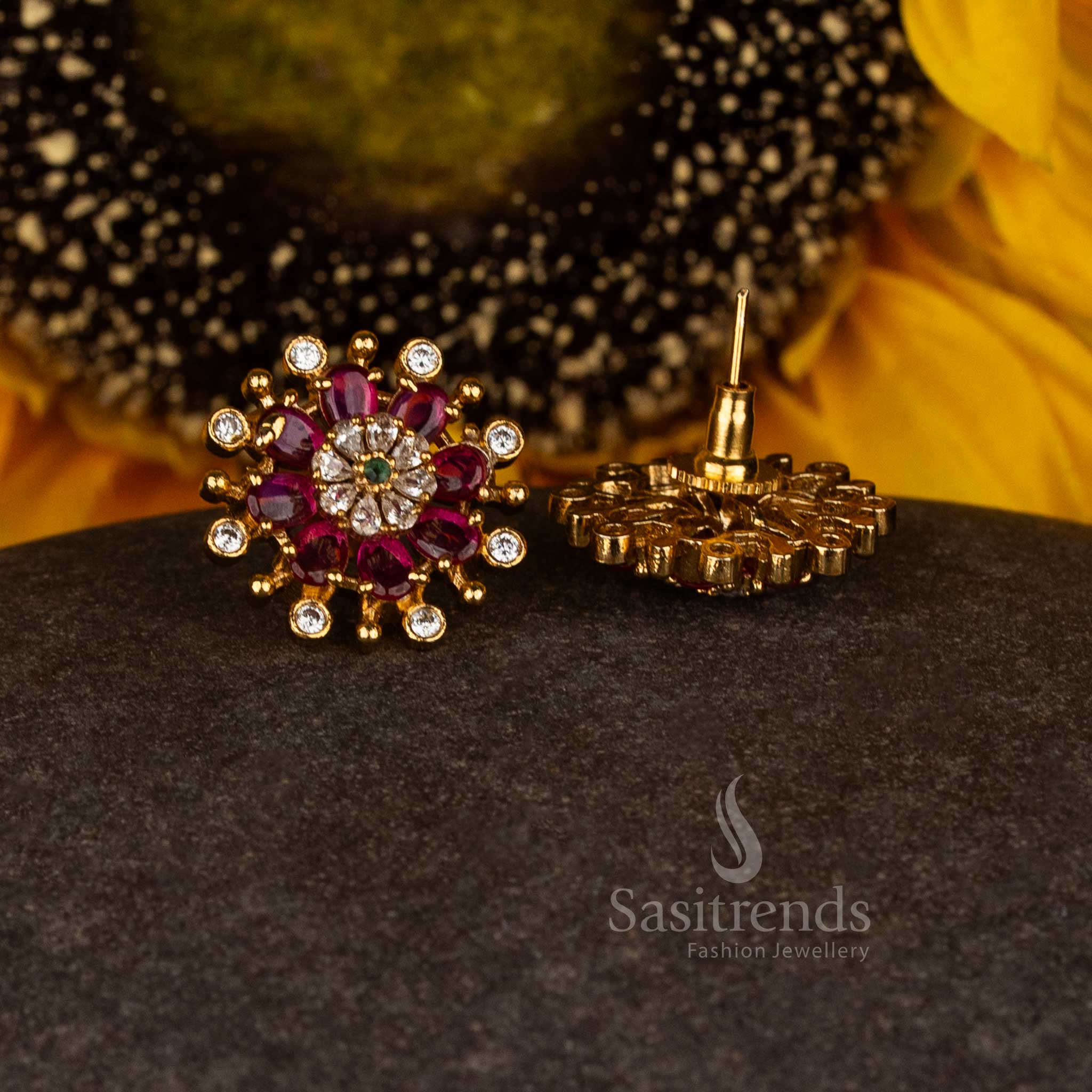 Celestial Bloom Matte Gold Plated Starburst Flower Temple Stud Earrings with Intricate Heritage Detailing for Elegance - Image 2
