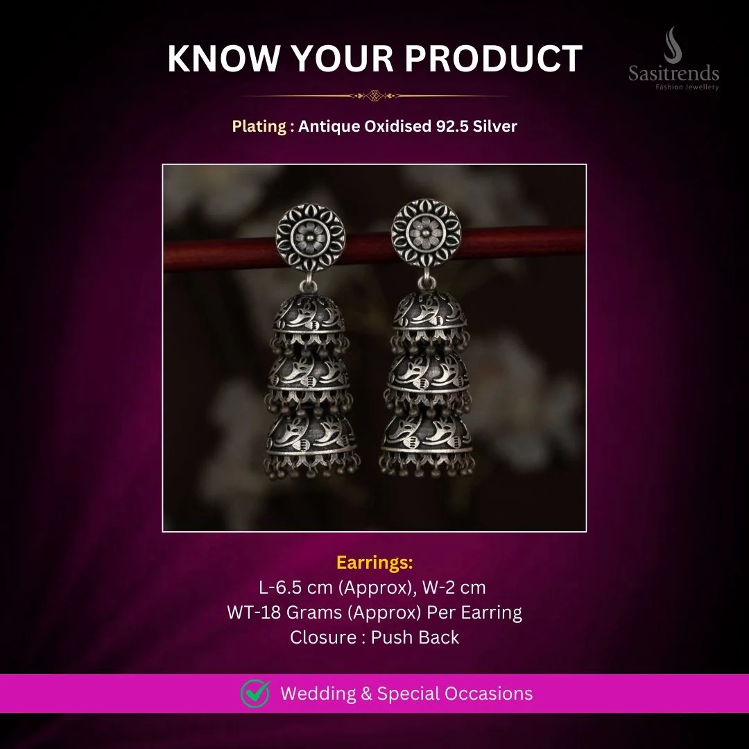Amazing Antique Oxidised 92.5 Silver Plated Floral Coin Stud Paisley Crest Triple-Tiered Jhumka Earrings for Festive Gatherings & Culturals - Image 2