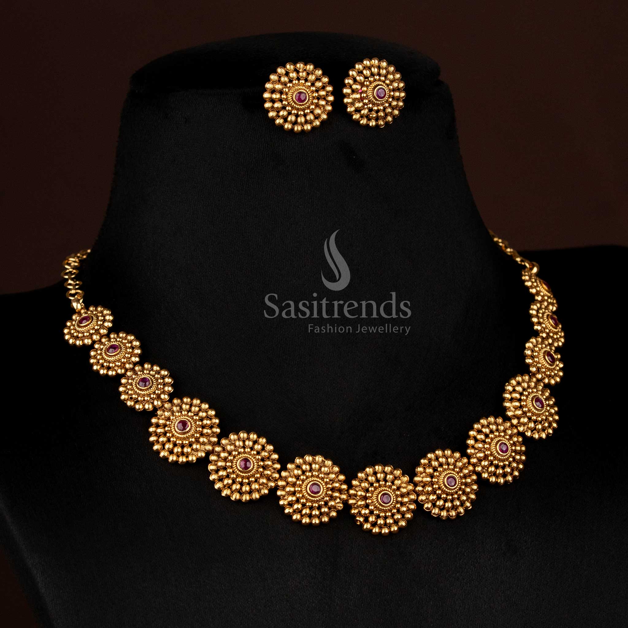 Premium Temple Matte Gold Plated Round Floral Necklace Jewellery Set with AD Stones for Festivals